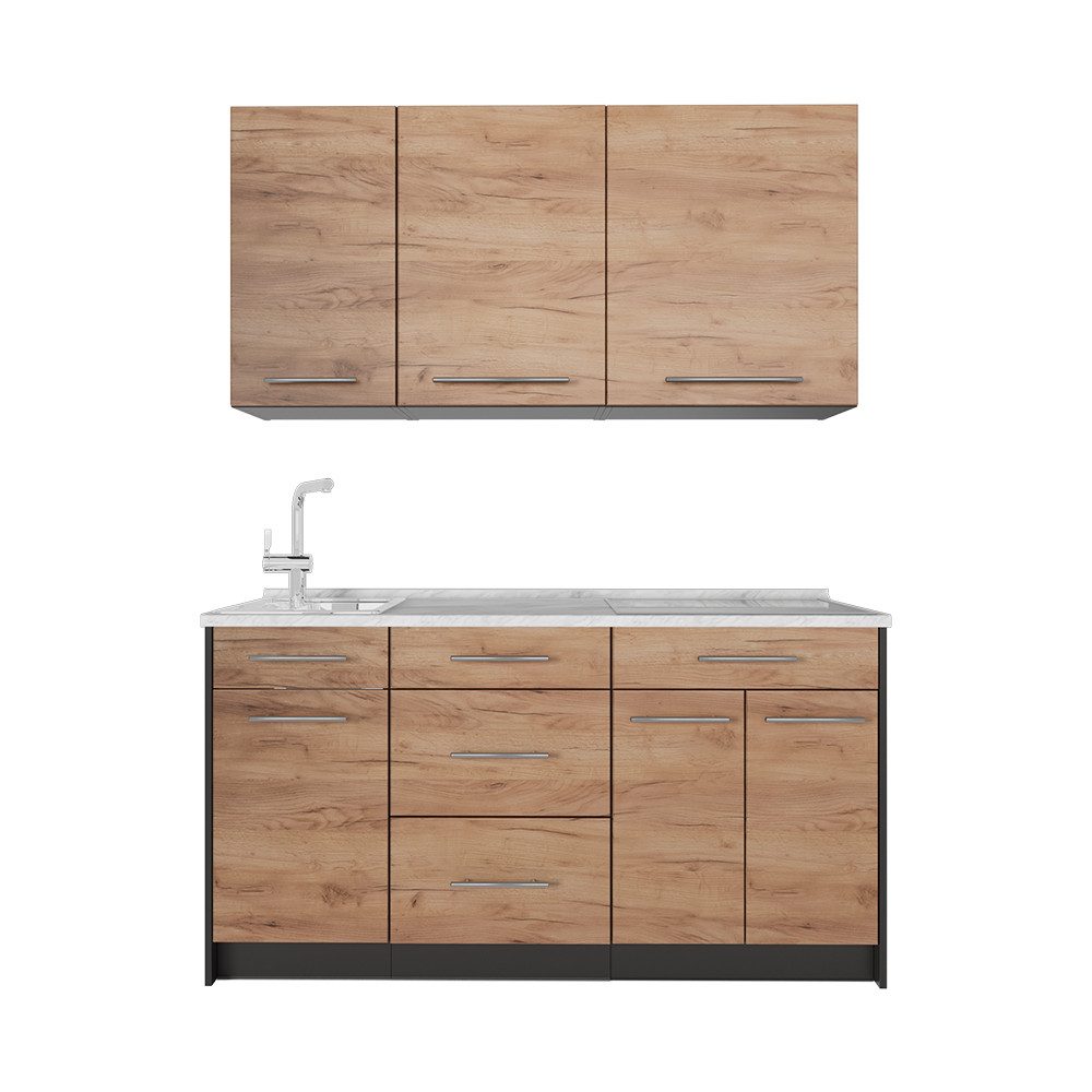 Vicco Küchenzeile Fame-Line, Goldkraft Eiche/Anthrazit, 150 cm, AP Marmor
