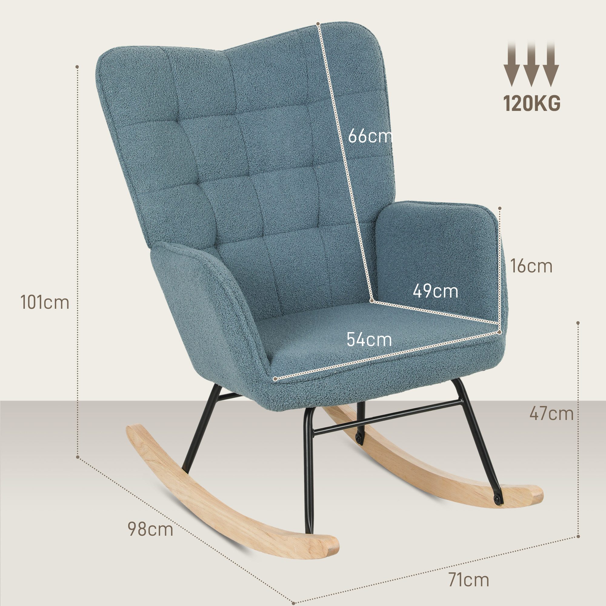 HOMCOM Schaukelstuhl für Wohnzimmer, Schlafzimmer, bis 120kg belastbar, Hellblau (Schwingsessel, 1 St), für Wohnzimmer, Hellblau