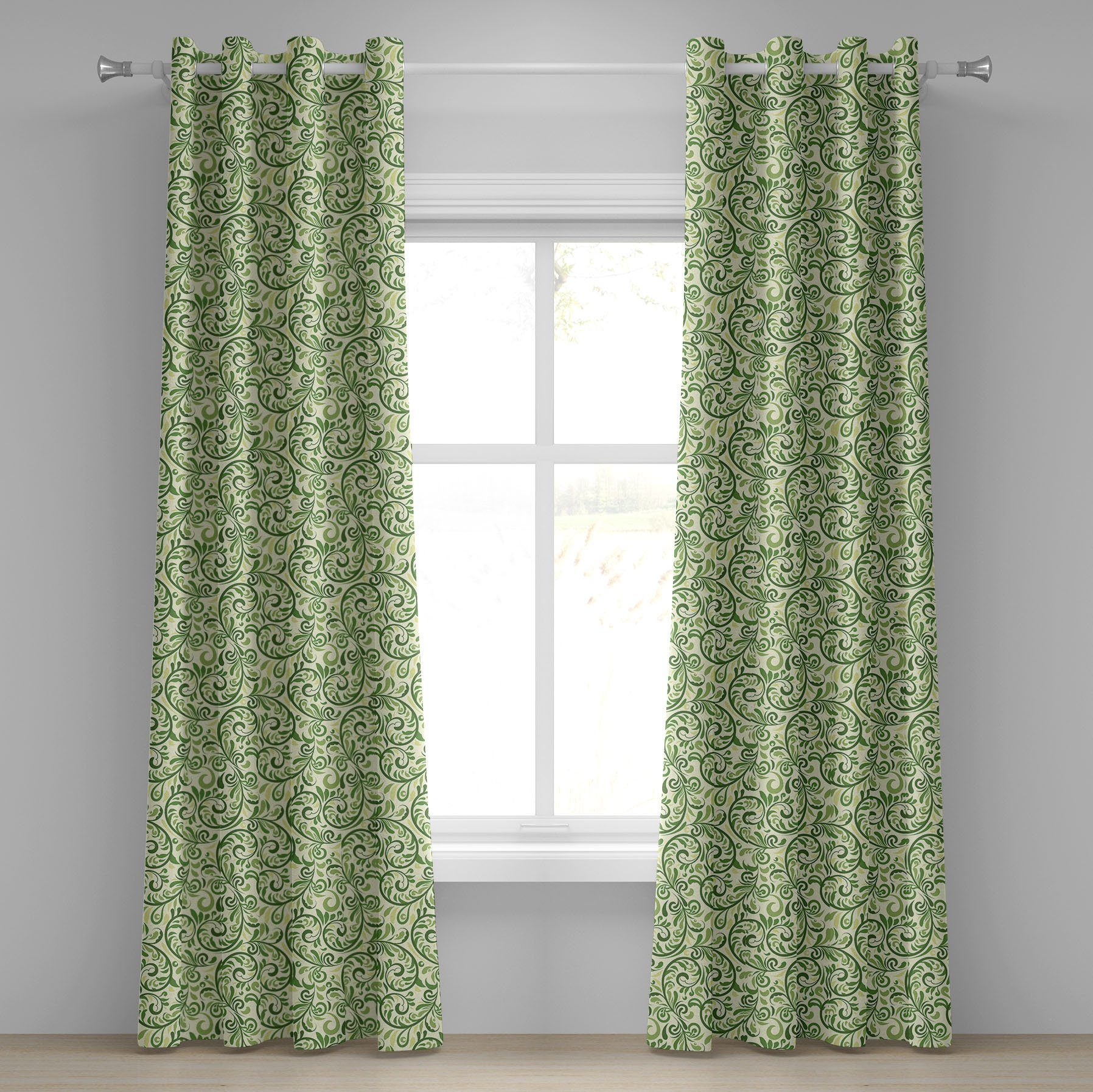Gardine Dekorative 2-Panel-Fenstervorhänge für Schlafzimmer Wohnzimmer, Abakuhaus, Grün Curly Aufwändiger Blatt Damast