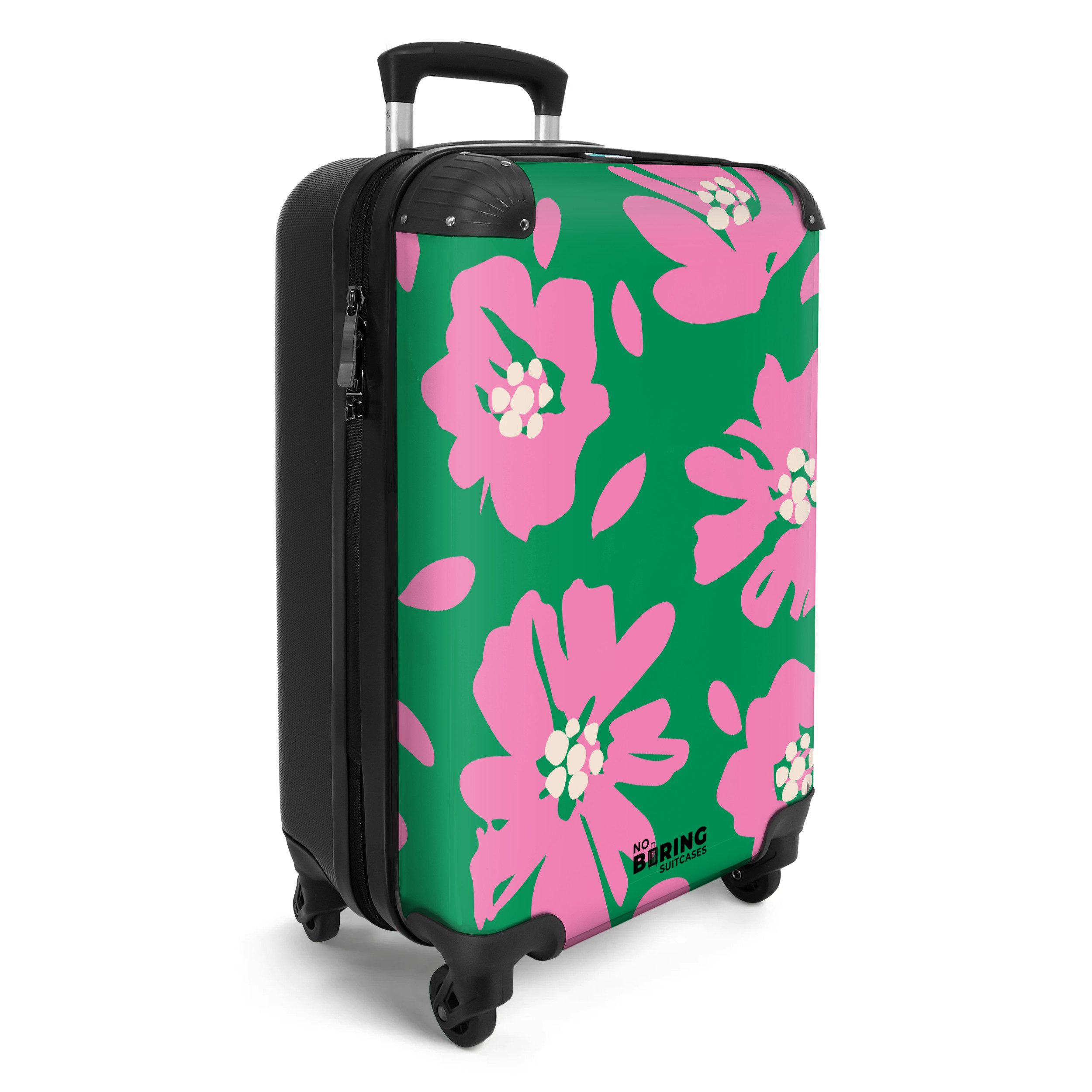 NoBoringSuitcases.com© Hartschalen-Trolley Grün mit rosa Blüten günstig online kaufen