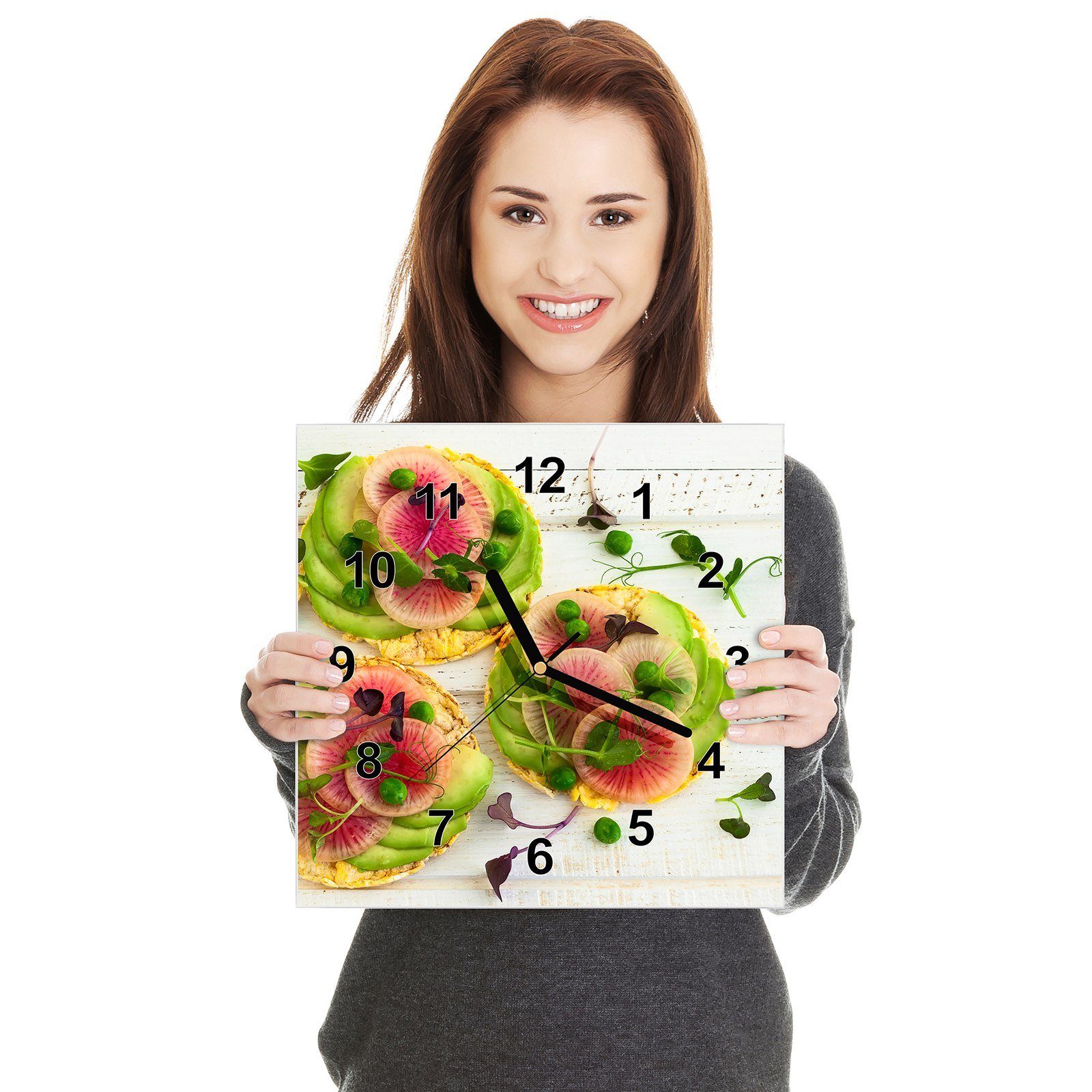 30 Avocado Wandkunst mit Primedeco Größe Motiv Wanduhr Wanduhr mit 30 Glasuhr cm x Kuchen