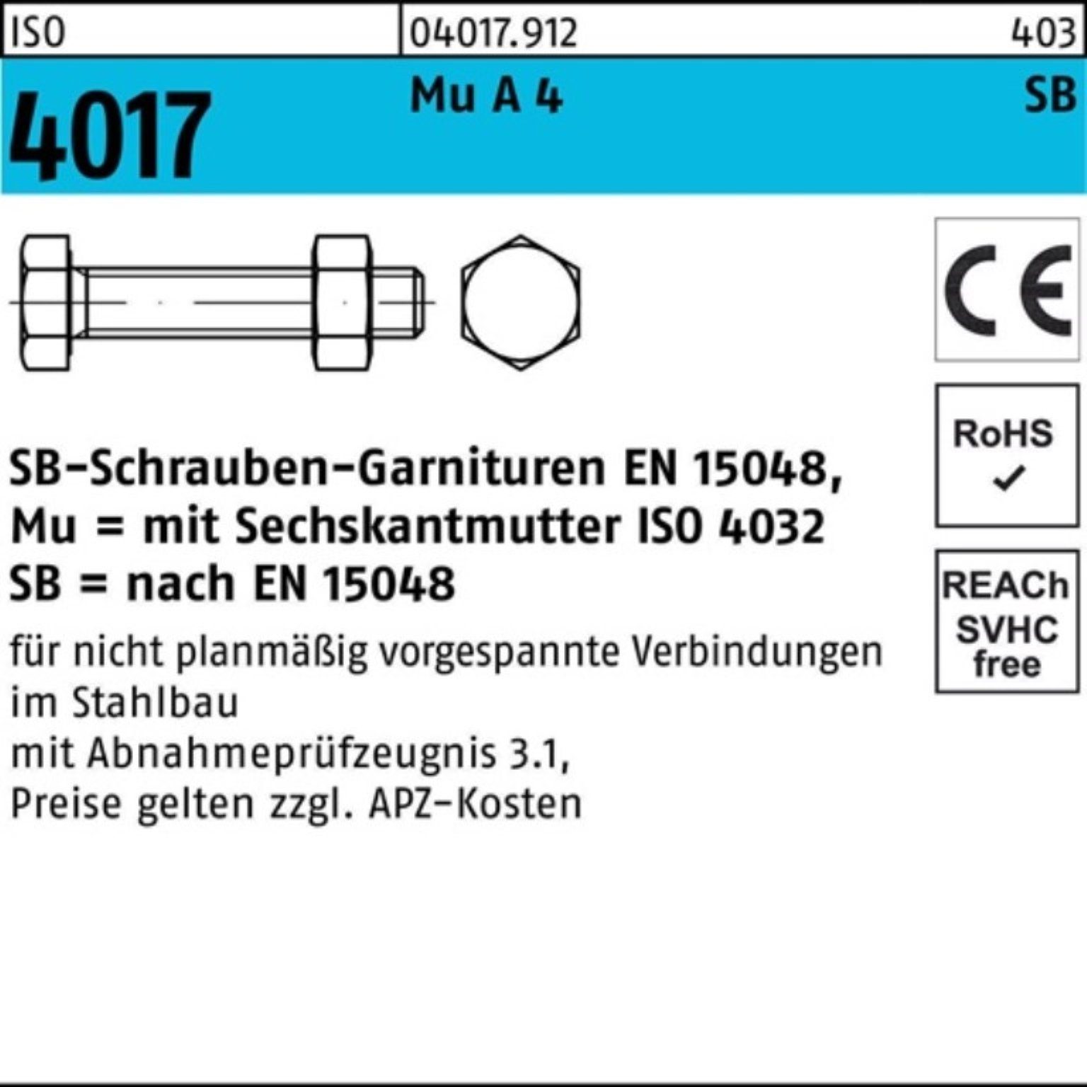 Bufab Sechskantschraube 100er Mutter VG 25 4017 Pack ISO SB A M20x S 4-70 65 Sechskantschraube