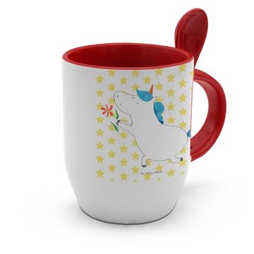 Mr. & Mrs. Panda Tasse Einhorn Blume - Weiß - Geschenk, Freundin, Tasse mit Löffel, Freund, Keramik, Inklusive Löffel