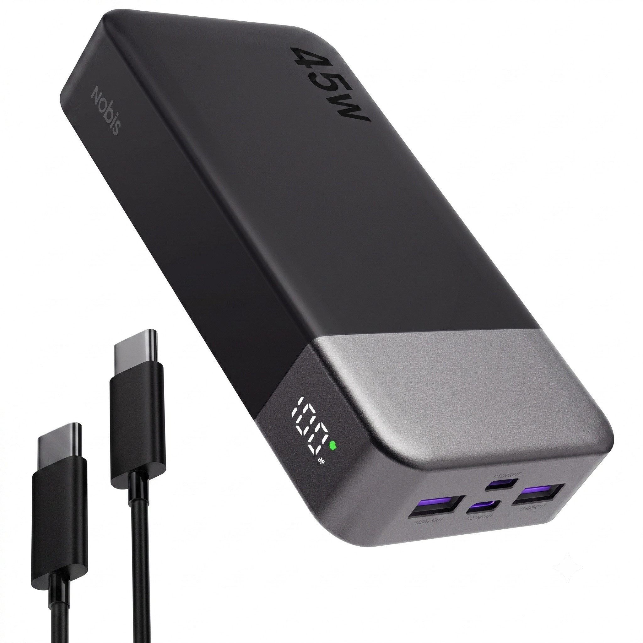 NOBIS Powerbank 20000mAh 45W Schnellladegerät Externer mit C zu C Kabel Powerbank 20000 mAh, power bank mit Digitalanzeige für Smartphone Laptop Tablet für Reisen