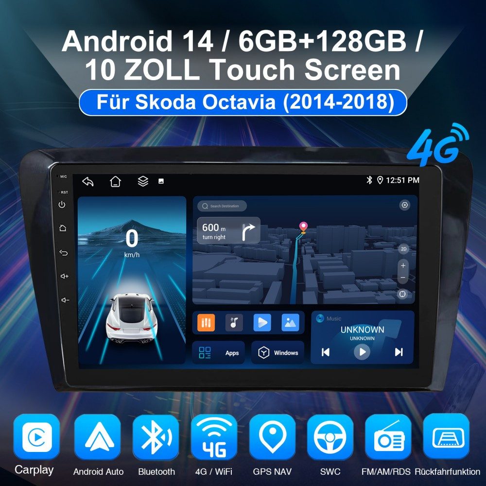 ESSGOO 10,1" 8-Kern 6+128G Android 15 Für SKODA Octavia III 2014-2018 Autoradio (RDS, Digitalradio (DAB), FM, AM, Carplay Android Auto GPS Navi WIFI BT USB)