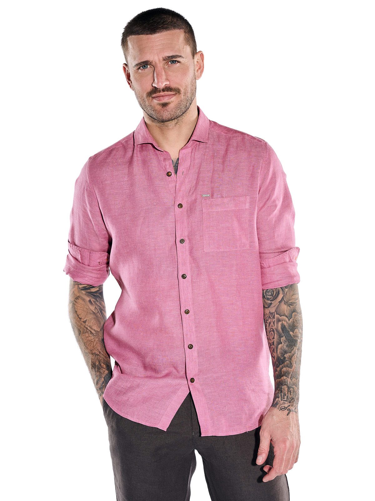 emilio adani Langarmhemd Herren Leinen-Hemd mit Haifisch-Kragen, Rosa