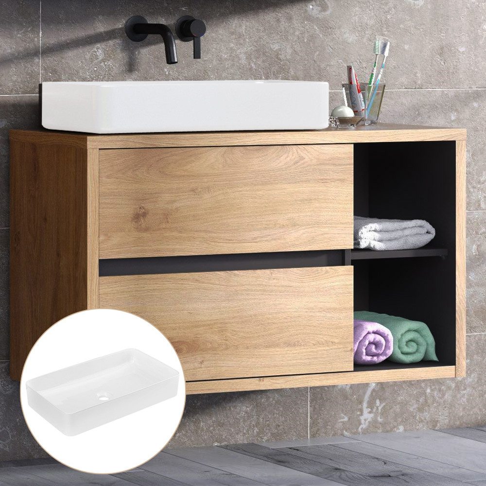 Lomadox Waschtisch DANZIG-56, 100 cm Eiche anthrazit Keramik Aufsatzbecken günstig online kaufen
