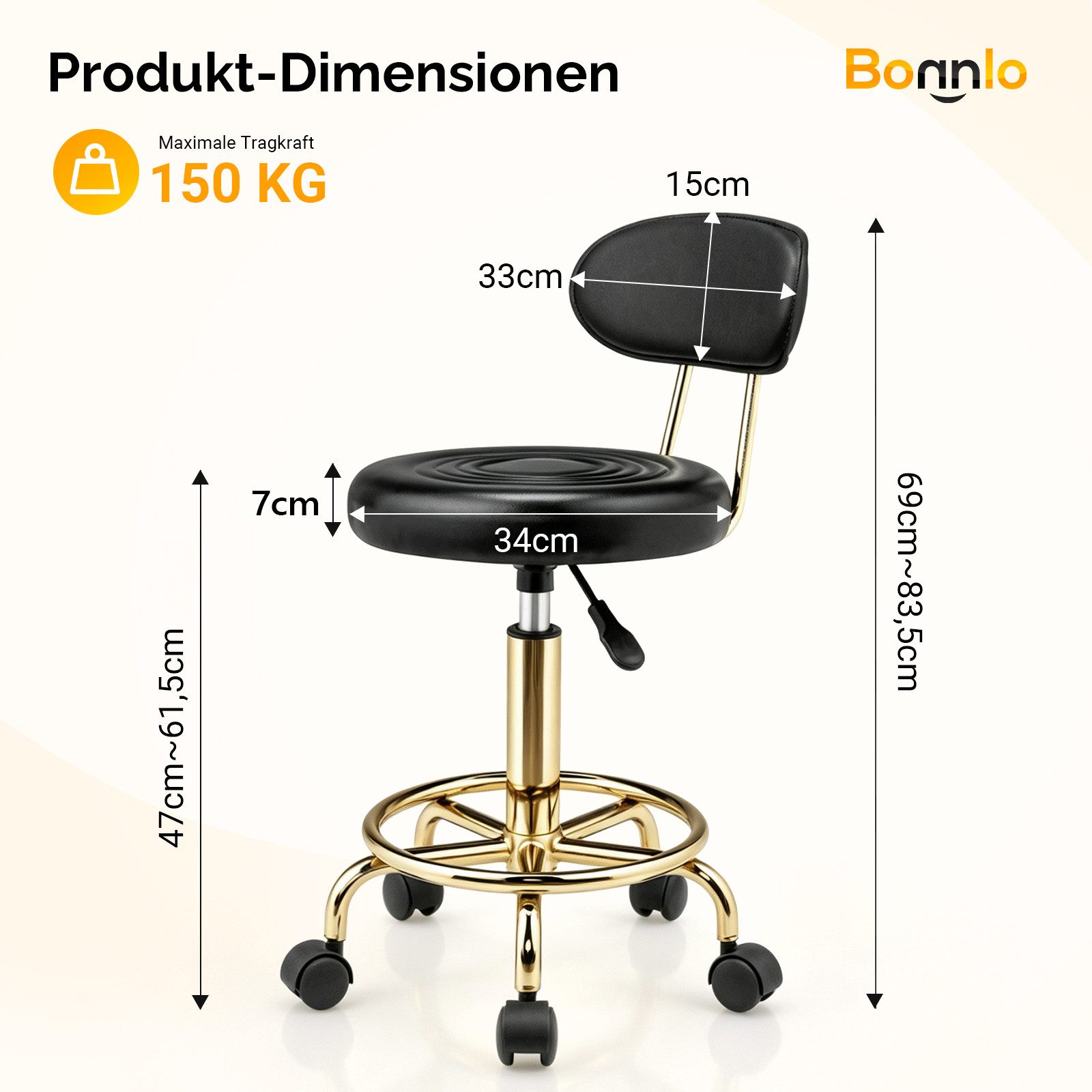 VINGLI Drehhocker Rollhocker Bürohocker Hocker für Salon, Tattoo-Studio, Büro, Zuhause, Höhenverstellbar 47-61,5 cm, mit Lehne Abnehmbar, 360 ° Drehbar – Bild 4 von 5
