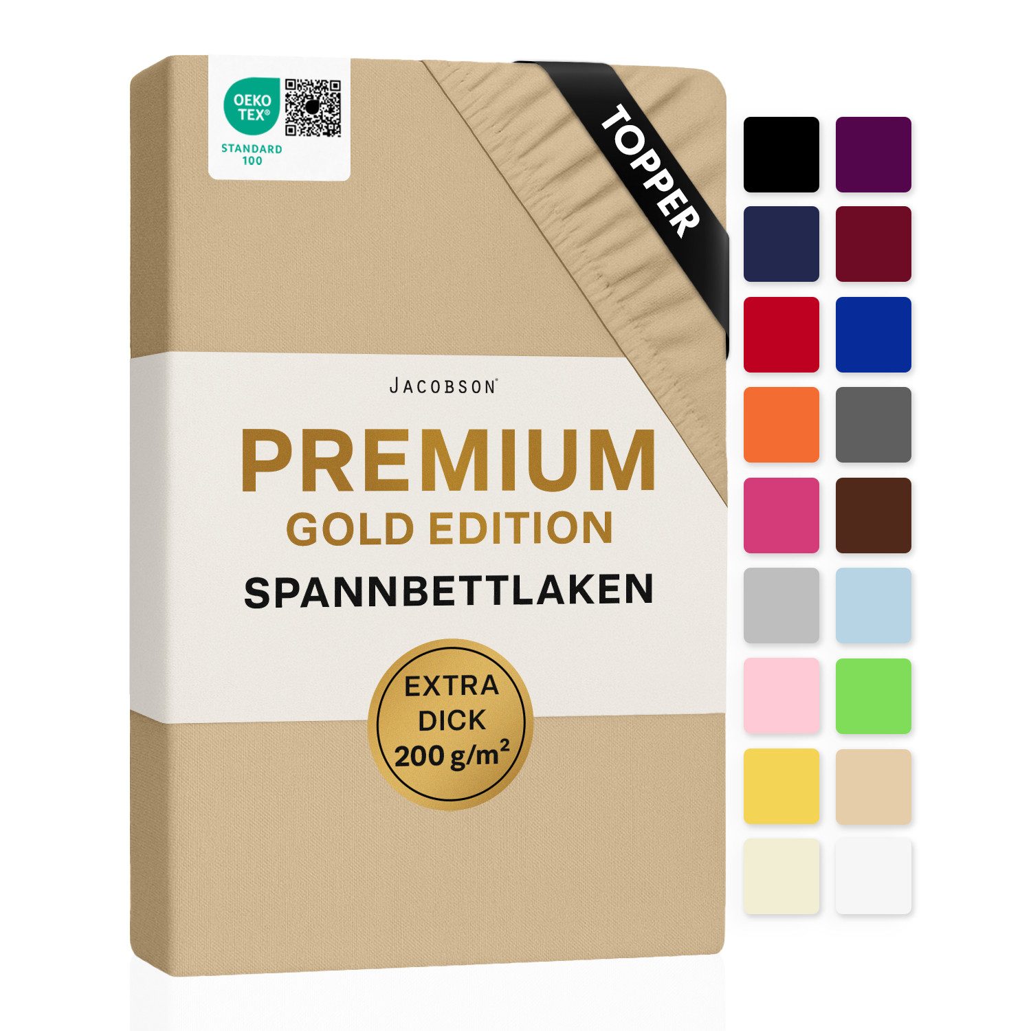Jacobson Spannbettlaken TOPPER PREMIUM 200 g/m² Jersey aus 97% Baumwolle & 3% Elasthan, Extra dichtes Bettlaken für maximalen Halt