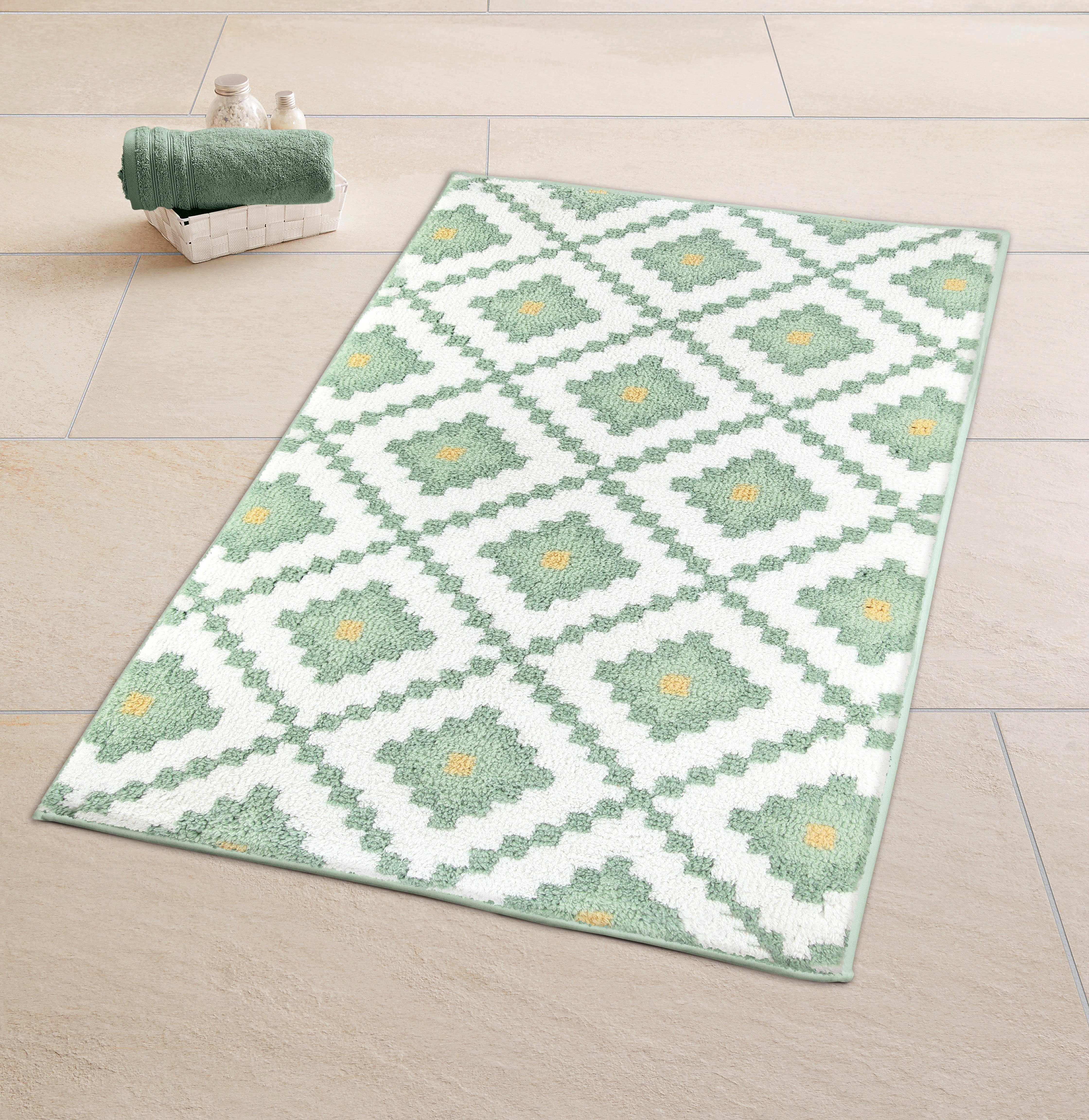 Kleine Wolke Badematte »Alhambra«, Badvorleger, Badezimmer Teppich, Höhe 15 mm, rutschhemmend beschichtet, fußbodenheizungsgeeignet, Baumwolle, rechteckig, modernes Rauten Muster, quadratisch & rechteckig erhältlich