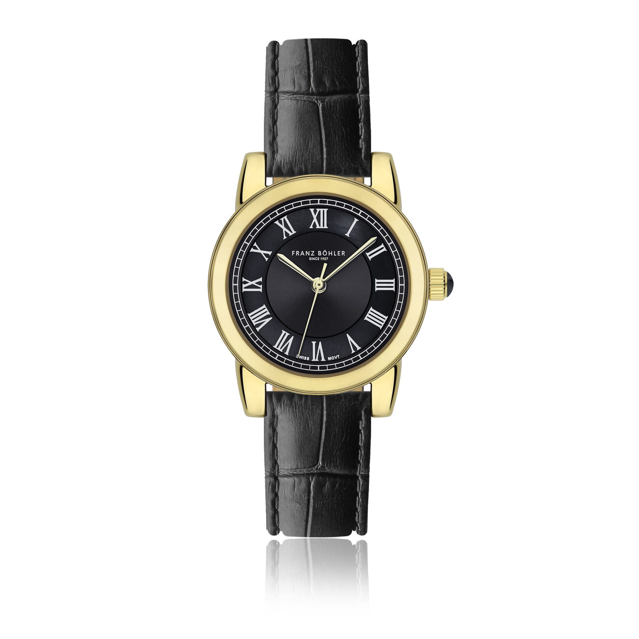 FRANZ BÖHLER Quarzuhr BD8-S074G Biel Gold, gepolstert und mit Krokodilleder-Nähten