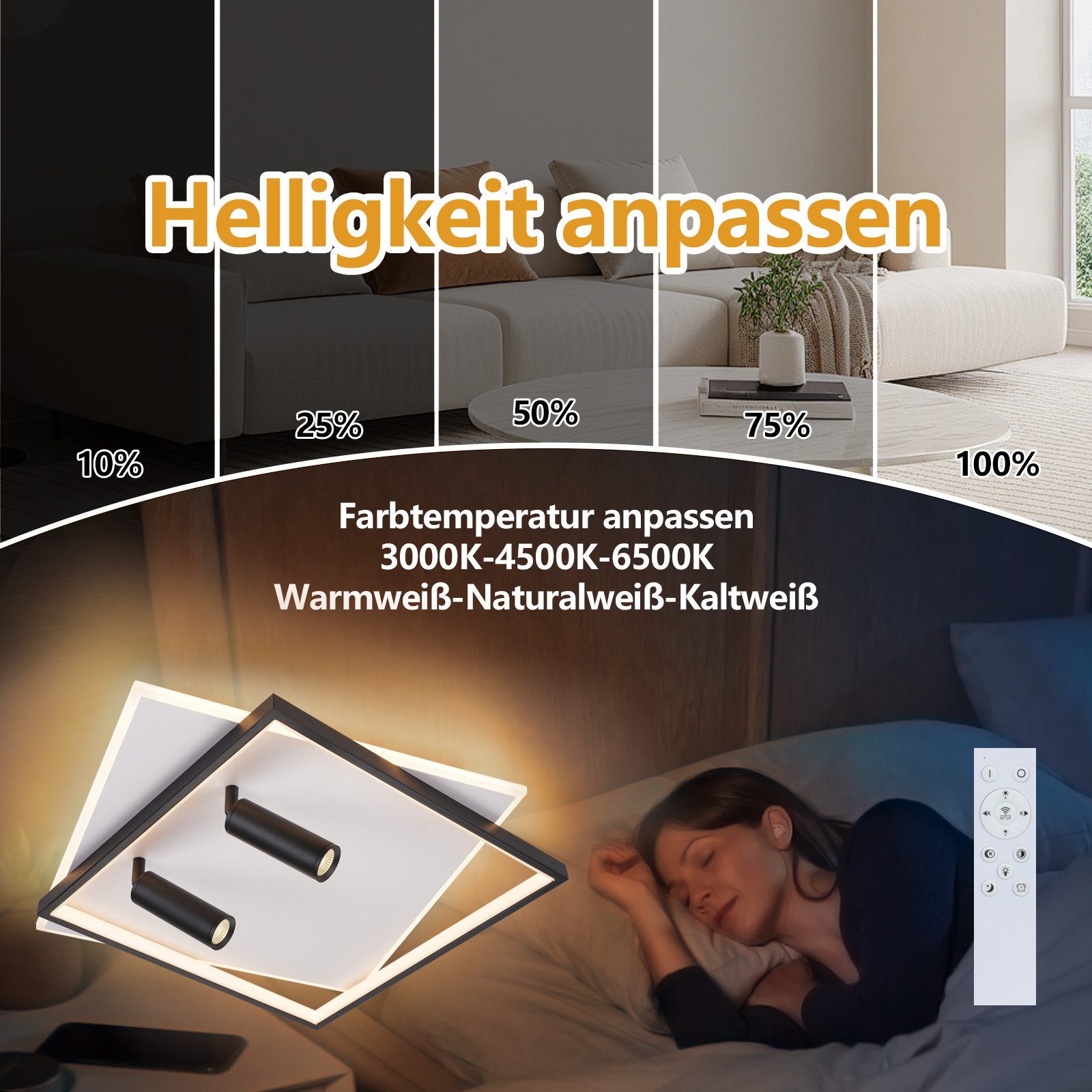 ZMH LED Deckenleuchte Wohnzimmer Dimmbar Deckenlampe mit 2 Deckenstrahler Modern Acryl, ohne Leuchtmittel, 3000-6500K, Schwarz+Weiß Küchenlampe 52W mit Fernbedienung