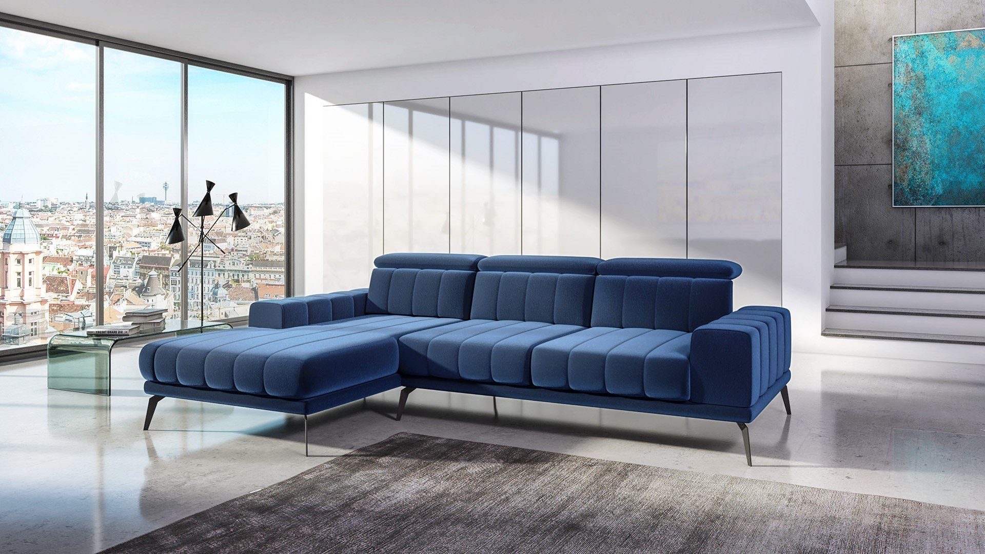 Siblo Ecksofa modernes Farben Ecksofa viele ein - für Kopfstützen - Metallfüße Blau Ein 98 verstellbare Ecksofa Salvio - cm modernes x - stilvolles 184 x Wohnzimmer 278 