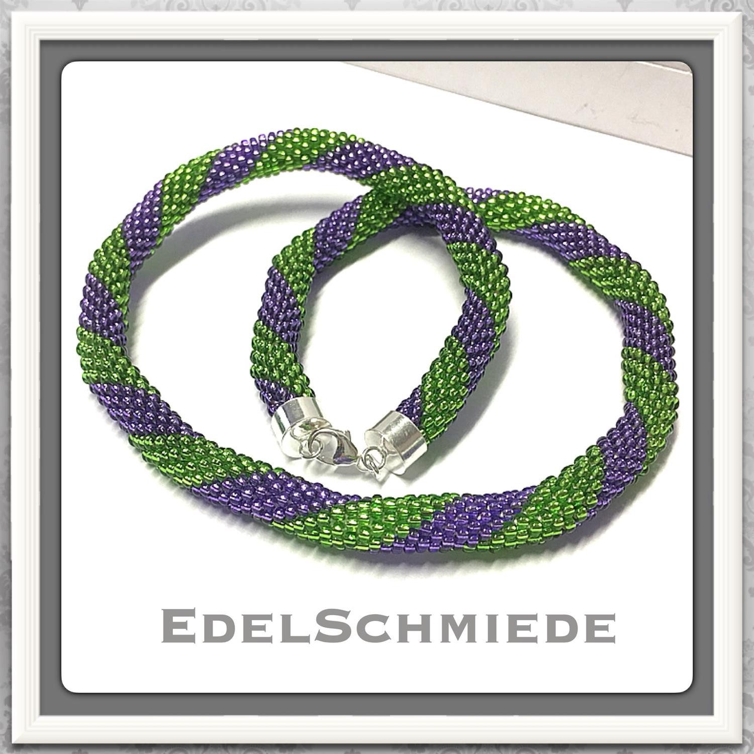 Kette ohne Anhänger Edelschmiede925 Häkelkette aus Glasperlen grün / Lila 925 Silber