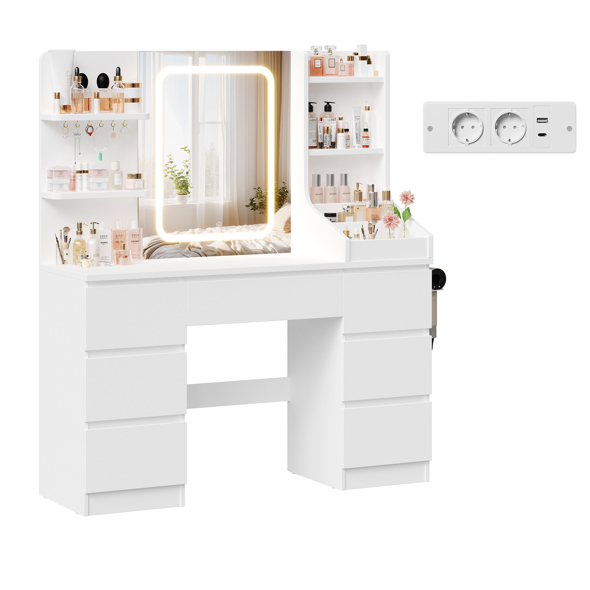 HOMALL Schminktisch Spiegel mit LED-Beleuchtung, 7 Schubladen (Maße: 110 × 40 × 139 cm, drei einstellbare Farbtemperaturen, mit 8 offenen Ablagefächern, 6 Schmuckhaken, 2 Steckdosen, 1 USB-Anschluss, 1 Typ-C-Anschluss und einer Haartrocknerhalterung)