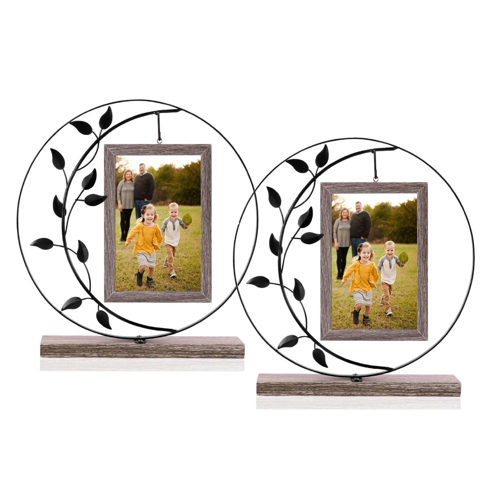 BlingBin Bilderrahmen 10x15cm Doppelglas Fotorahmen Holz mit Metall Ständer, Familien Deko, für 2 Bilder (2er Set, 2 St), Produktmaße: 28 × 26 × 5 cm, Vintage Holzbilderrahmen Fotogeschenke Fuer Oma/Mama