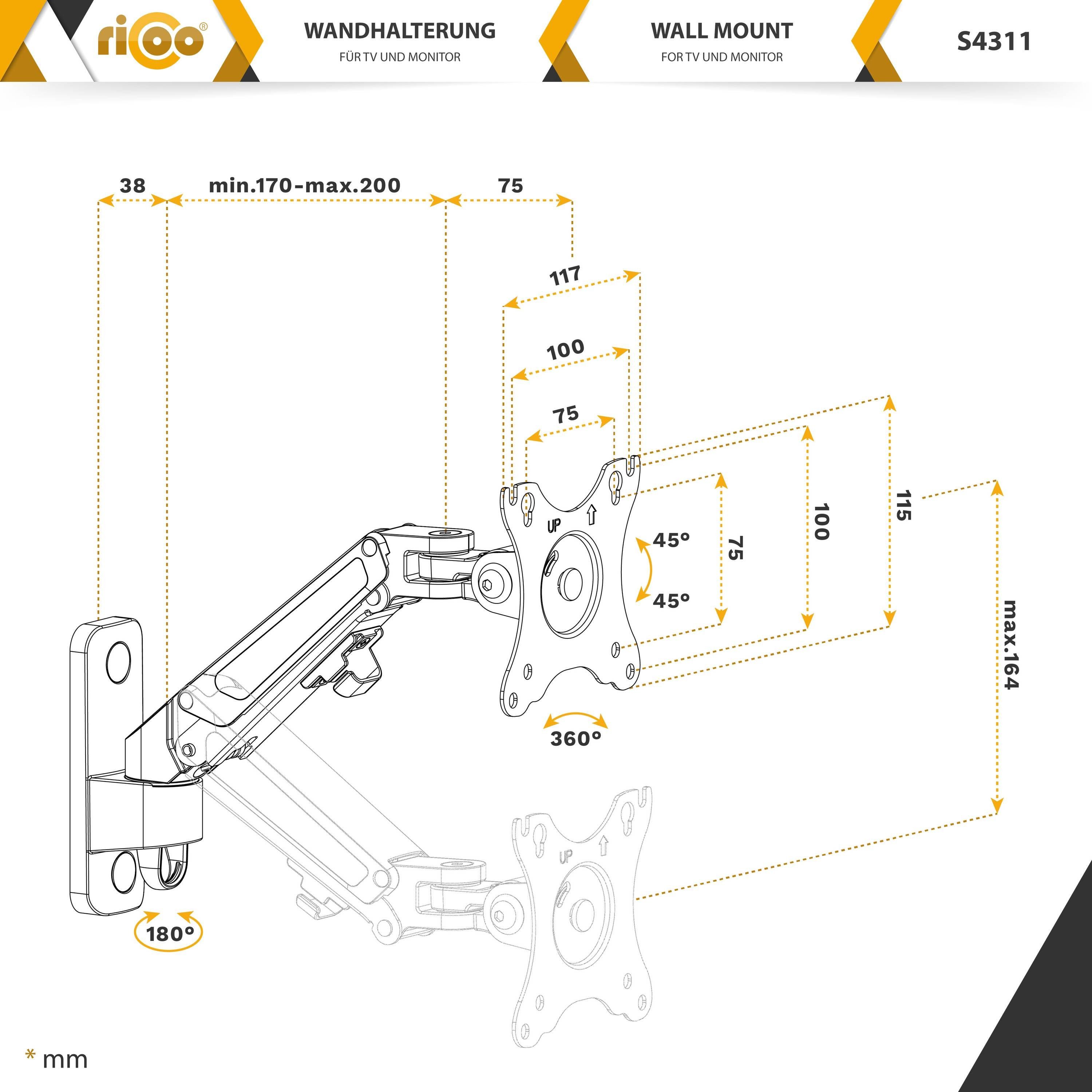 RICOO S4311 TV-Wandhalterung, VESA Wand Halter Zoll, Monitor Gasfeder) schwenkbar 27 universal 100x100 (bis neigbar