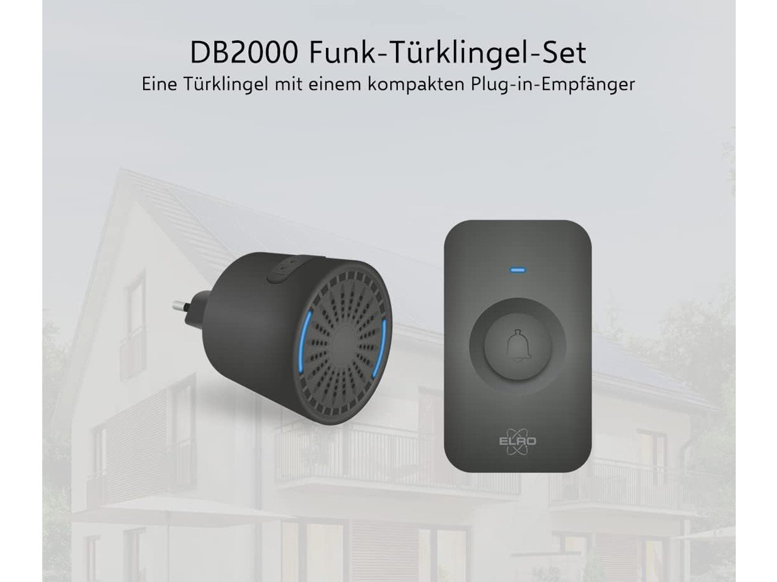 Elro Türklingel-Set, 1 Empfänger, 64 Klingeltöne, (2-tlg), Funkklingel mit Batterie, Türgong mit Licht für Schwerhörige, Schwarz