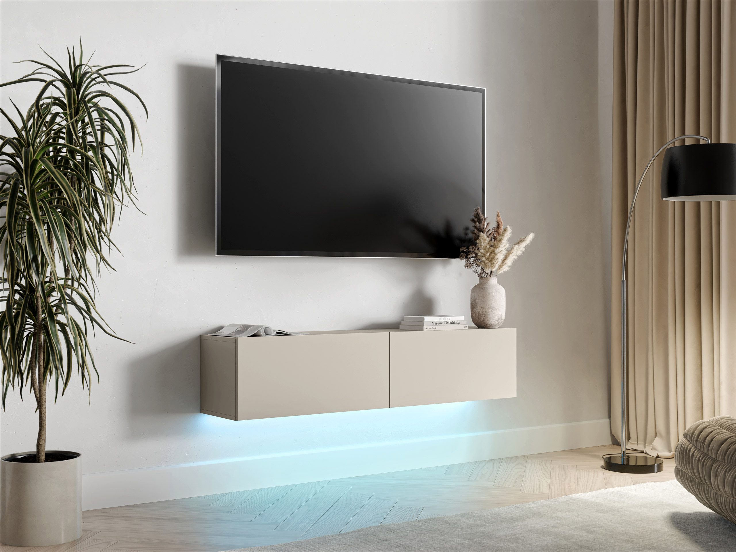 MIRJAN24 TV-Schrank Govi 140 (mit zwei Klappen) LED-Beleuchtung, 144x32x32 cm – Bild 2 von 5
