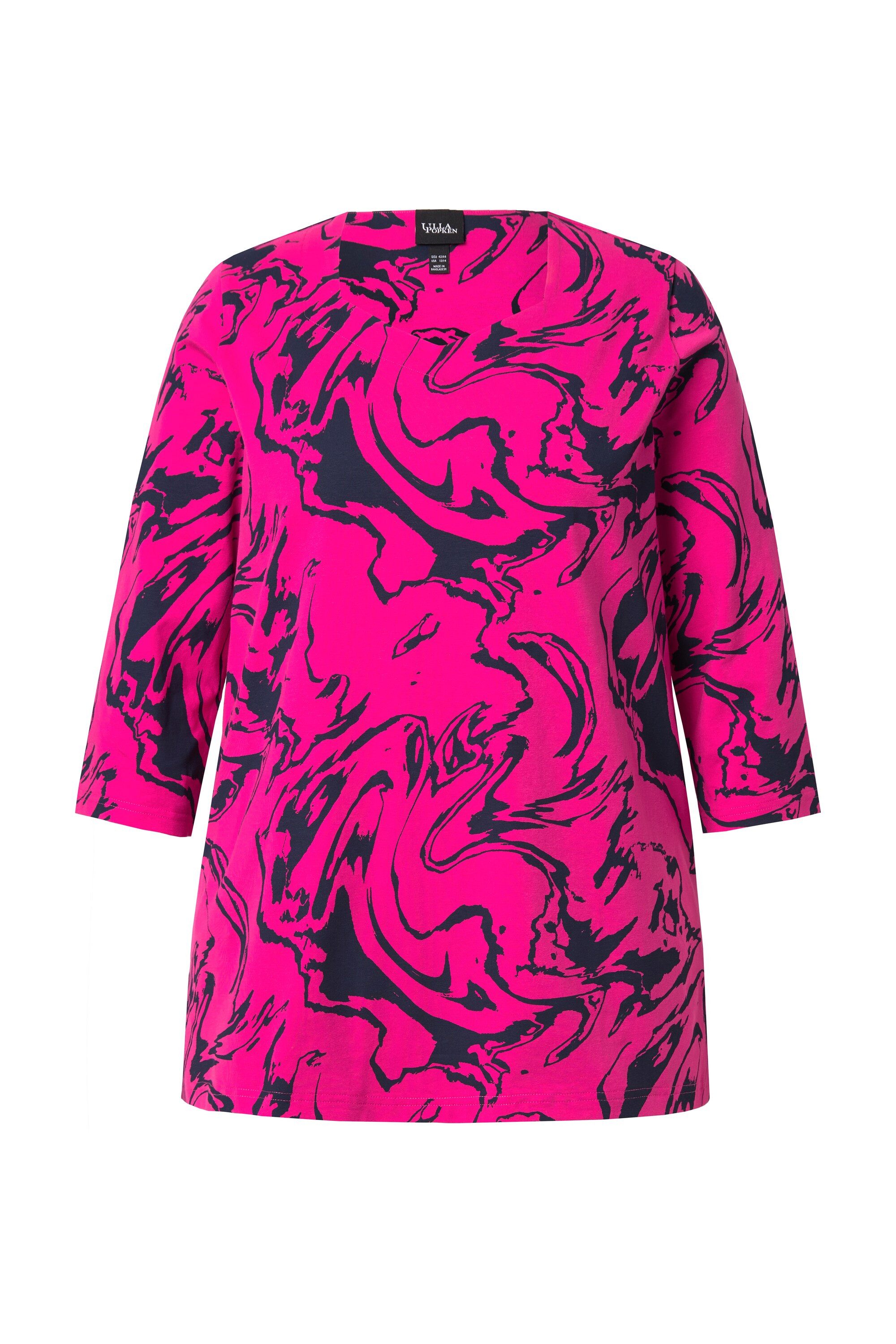 Ulla Popken T-Shirt Shirt Marmormuster A-Linie Herzausschnitt 3/4-Arm günstig online kaufen