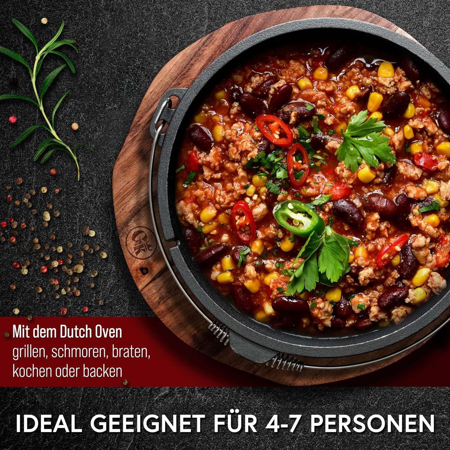 GUSSKÖNIG Grilltopf Dutch Oven Set 12 Liter Deckelheber und Edelstahl Untersetzer