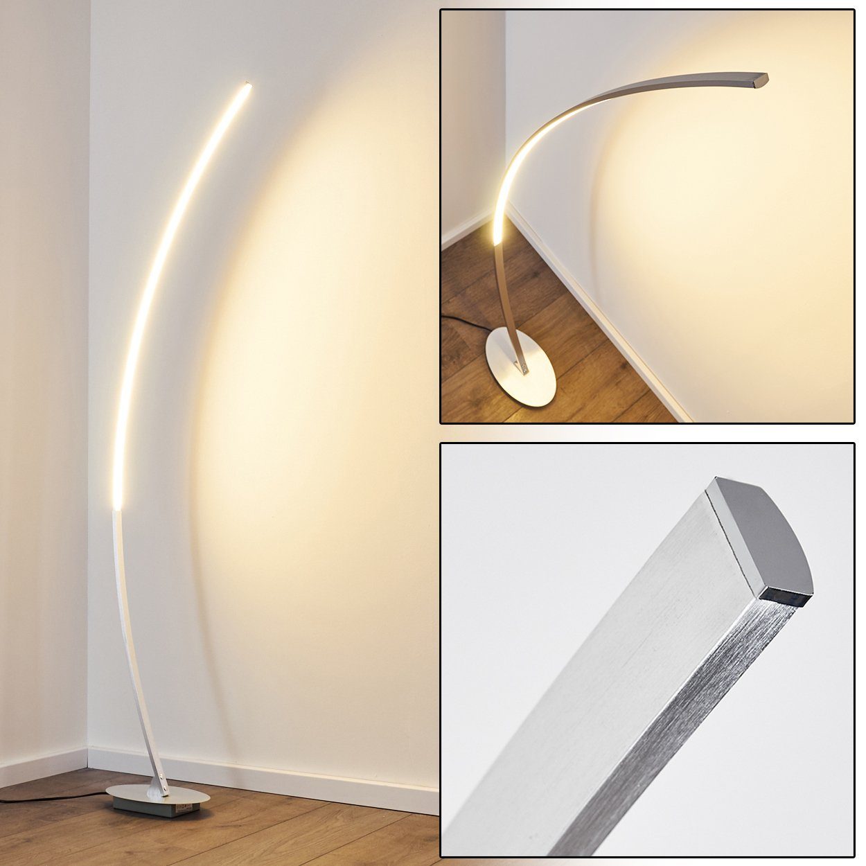 hofstein Bogenlampe »Oneto« LED Leselampe, fest mit Designer und in LEDs eingebaute 1100 Standlampe Aluminiumgebürstet, Fußschalter Kabel, Lumen