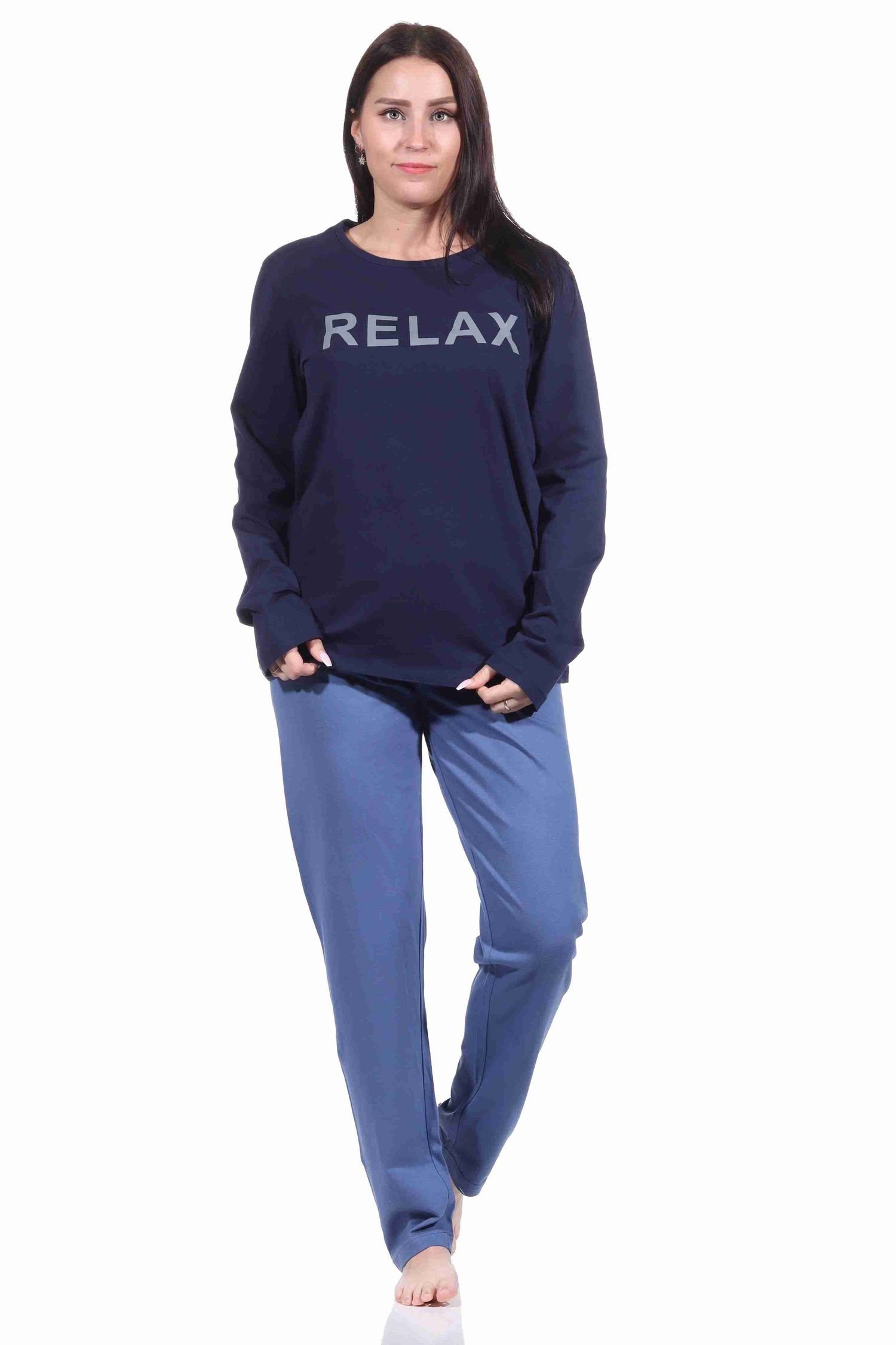RELAX by Normann Pyjama Damen Schlafanzug langarm Pyjama mit Zierspruch - 212 10 905 navy