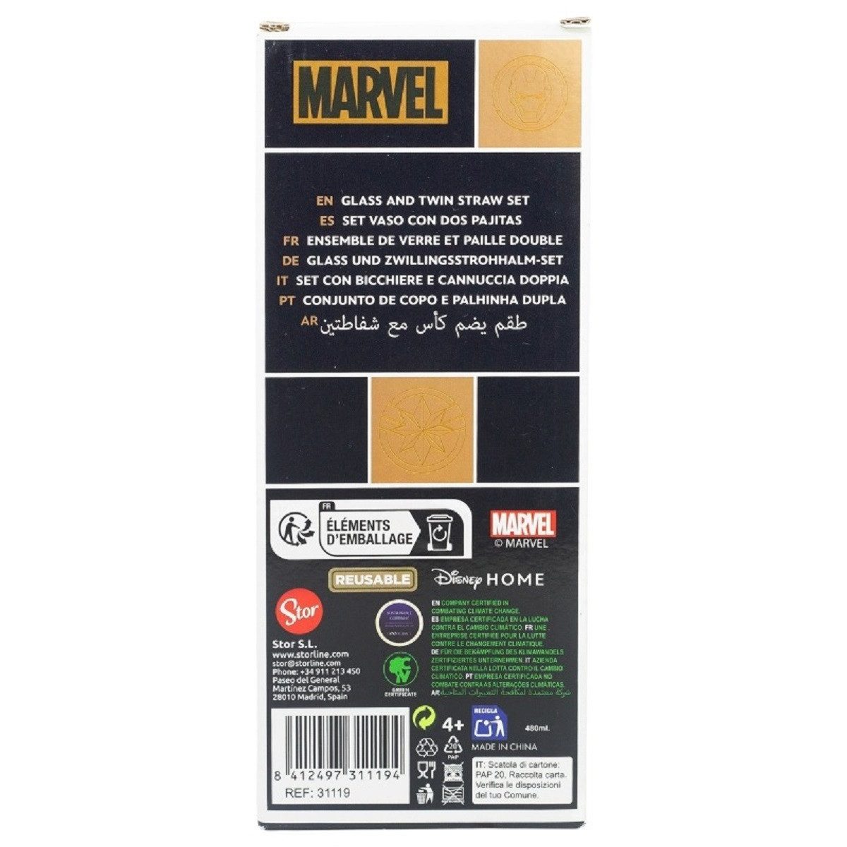 The AVENGERS Glas Glas 480 ml mit 2 Edelstahl Trinkhalmen, 3-tlg., Glas