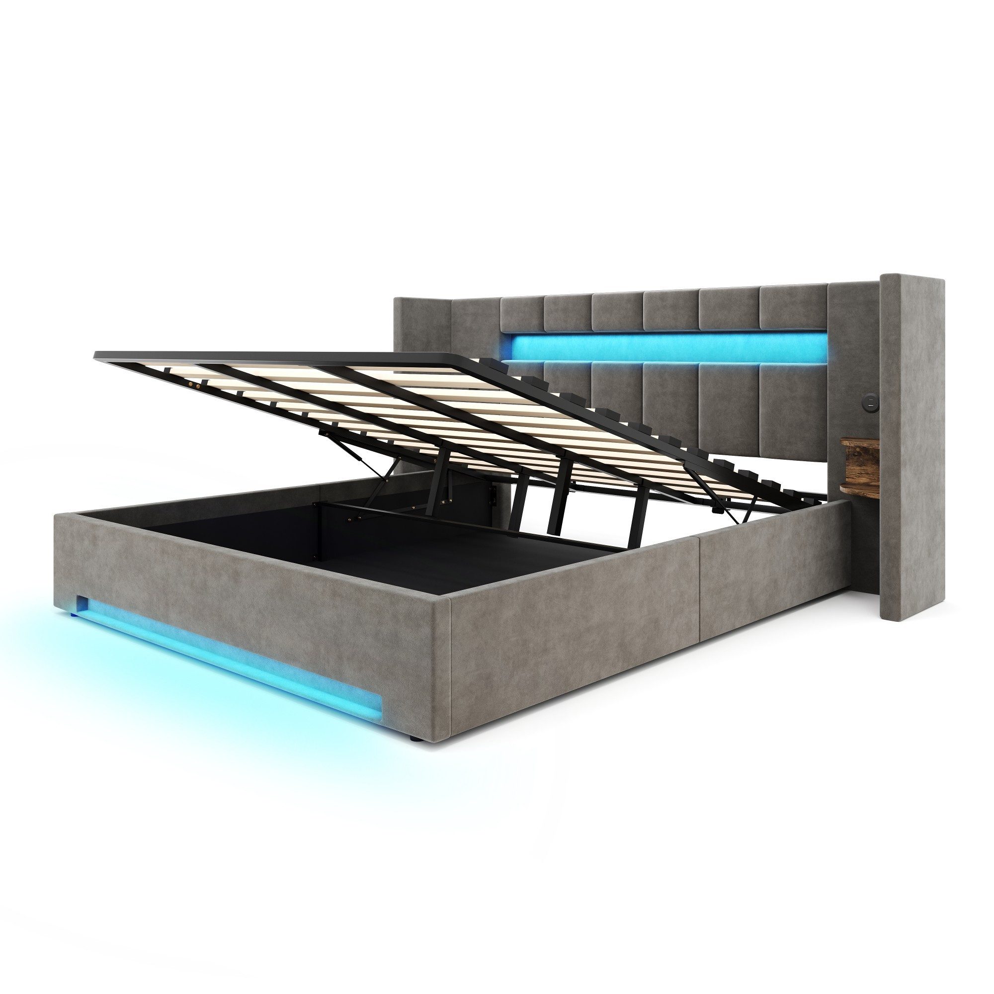 LVHOM Boxbett 180×200cm mit intelligentem Stauraum, LED & Ladestationen (Polsterbett aus samtigem Veloursstoff – mit verlängertem Kopfteil (Schubladen), Hydraulik-Unterbettspeicher(kostenlose Staubschutzhülle), integrierten 2 Nachtlichtern/USB-/Type-C-Anschlüssen an den Seiten, app-/fernsteuerbarer LED-Leiste (16 Farben, dimmbar), verstärkter doppelter Mittelstrebe-Metallahmen (300kg Traglast), für alle Zimmertypen/Apartments/Hotels/stilbewusste Haushalte), Ideal bei Schlafzimmern mit wenig Stauraum, abendlicher Entspannung