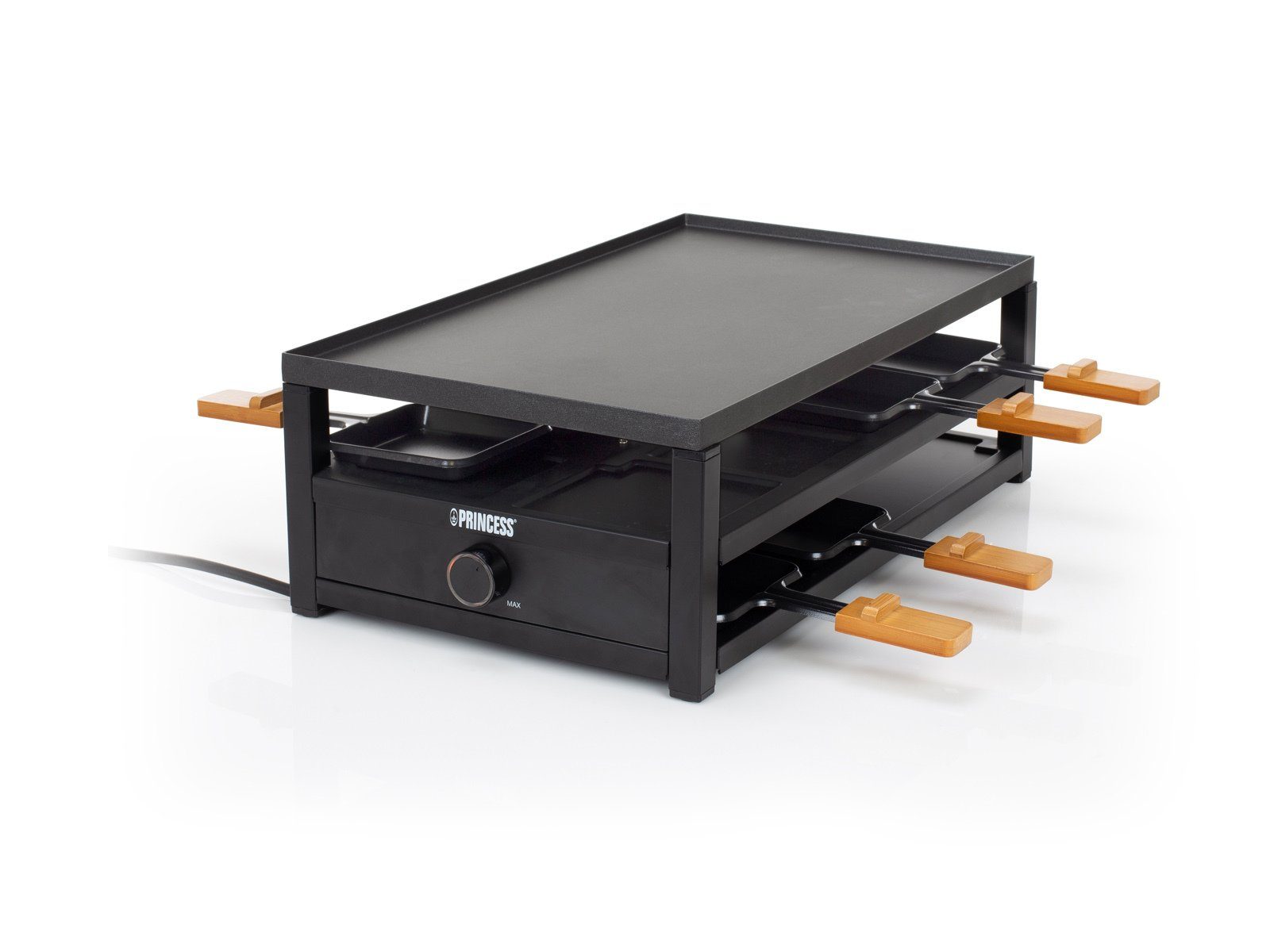 PRINCESS Raclette, 8 Raclettepfännchen, 1300 W, Gerät für 2-8 Personen, großer Elektro Tischgrill Pfännchen Parkdeck