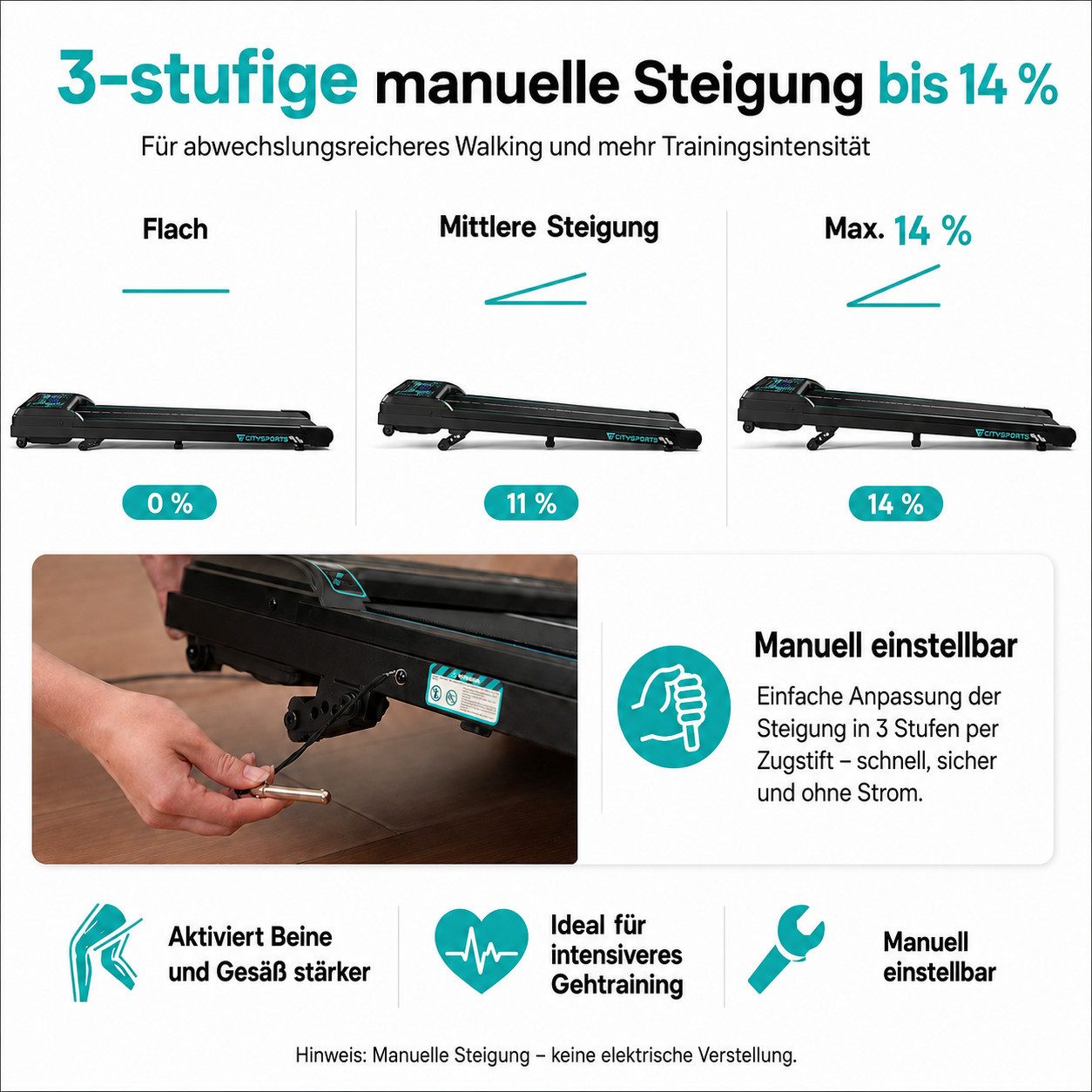 CITYSPORTS Laufband Laufband WP6 Walking Pad, 1–6 km/h, 440 W, 3-stufige Steigung bis 14 % (Mit toolkit,mit Schmiermittel), 120 kg, selbstzentrierender Laufgurt, LED-Display, Bluetooth
