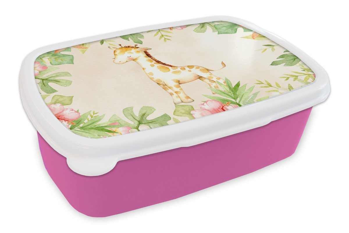 MuchoWow Lunchbox Giraffe - Aquarellfarbe - Blumen - Dschungel, Kunststoff, (2-tlg), Brotbox für Erwachsene, Brotdose Kinder, Snackbox, Mädchen, Kunststoff rosa
