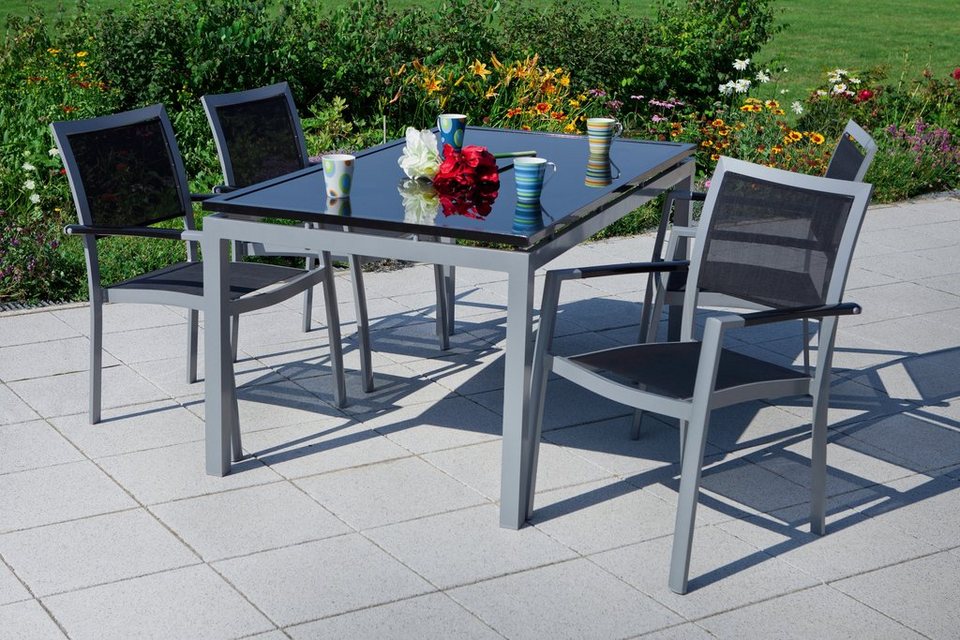 Merxx 5-tlg. Gartenmöbelset »Arezzo«, 4 Stapelsessel, Tisch160x90 cm ... Merxx 5-tlg. Gartenmöbelset »Arezzo«, 4 Stapelsessel, Tisch160x90 cm ...