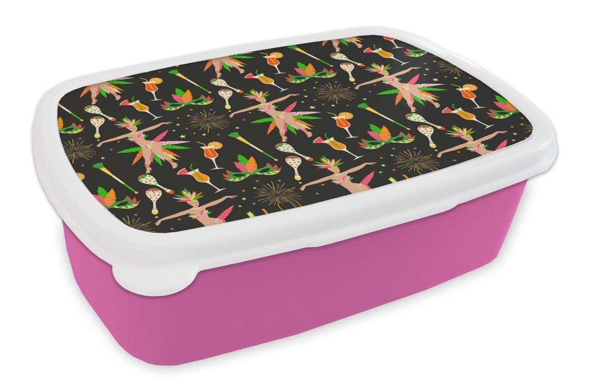 MuchoWow Lunchbox Brasilien - Karneval - Muster, Kunststoff, (2-tlg), Brotbox für Erwachsene, Brotdose Kinder, Snackbox, Mädchen, Kunststoff rosa