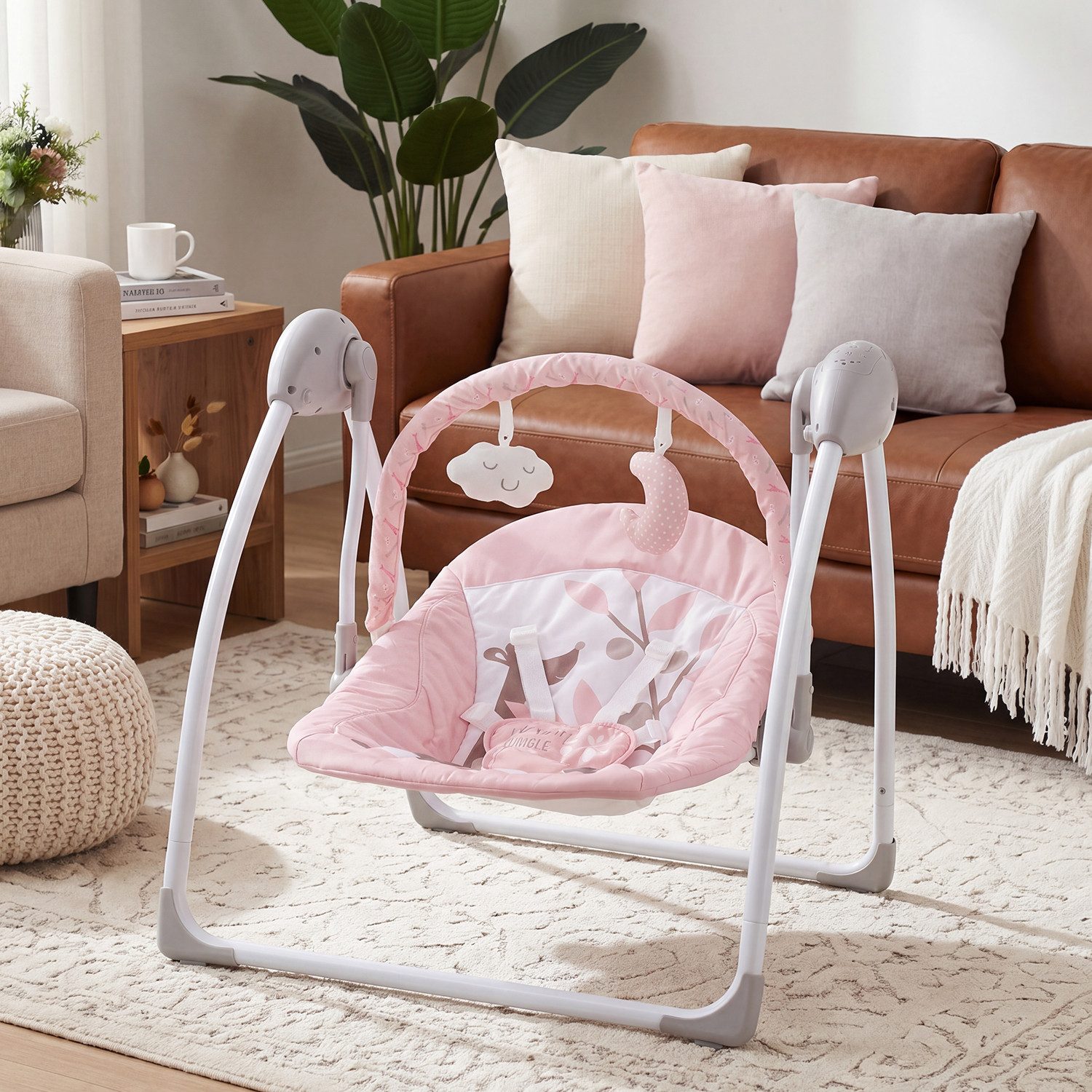 oyajia Babyschaukel Babywippe mit Spielbogen Spielzeugen, 5 Schaukelgeschwindigkeiten,3 Zeitschaltuhreinstellungen