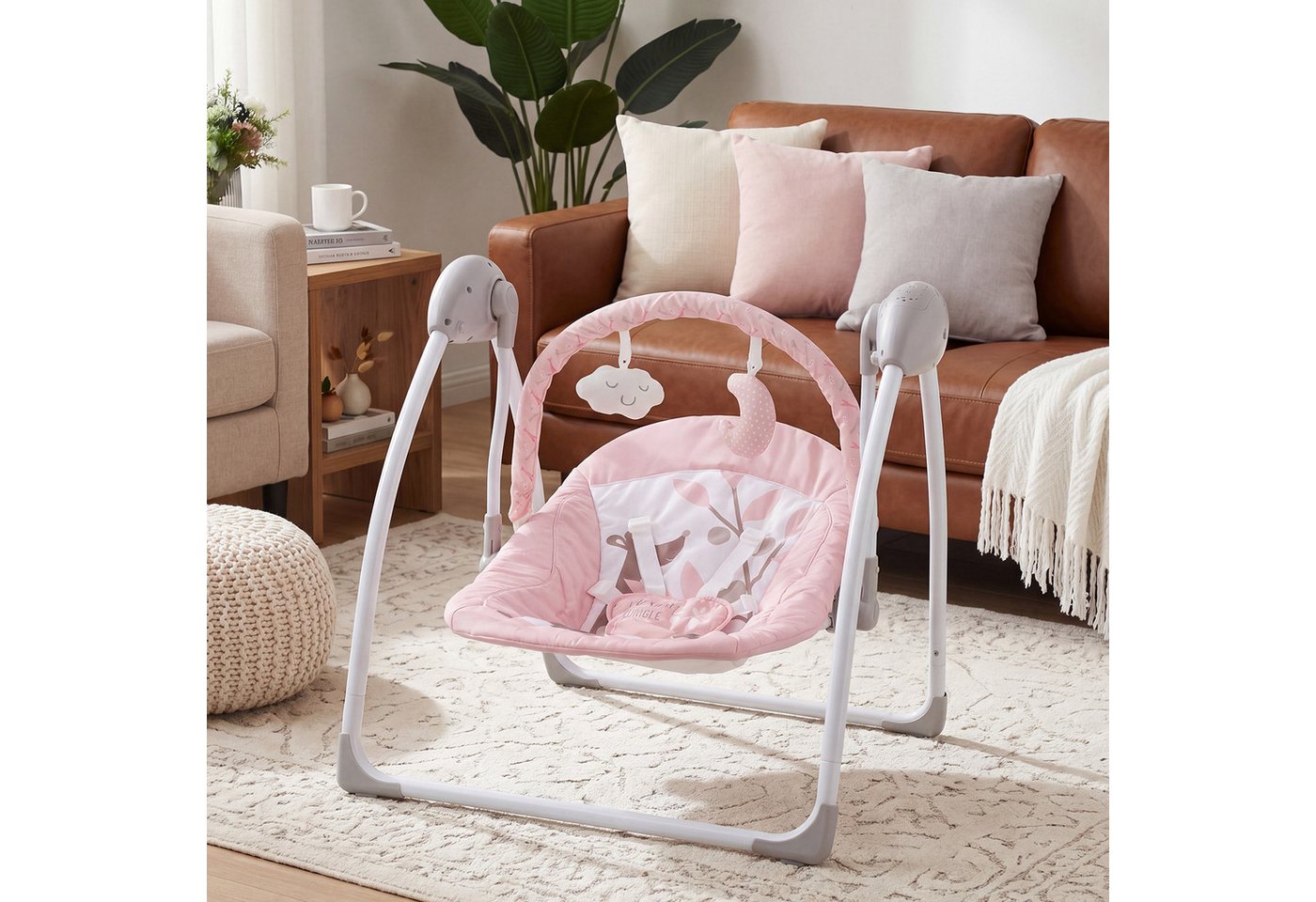 oyajia Babyschaukel Babywippe mit Spielbogen Spielzeugen, 5 Schaukelgeschwindigkeiten,3 Zeitschaltuhreinstellungen