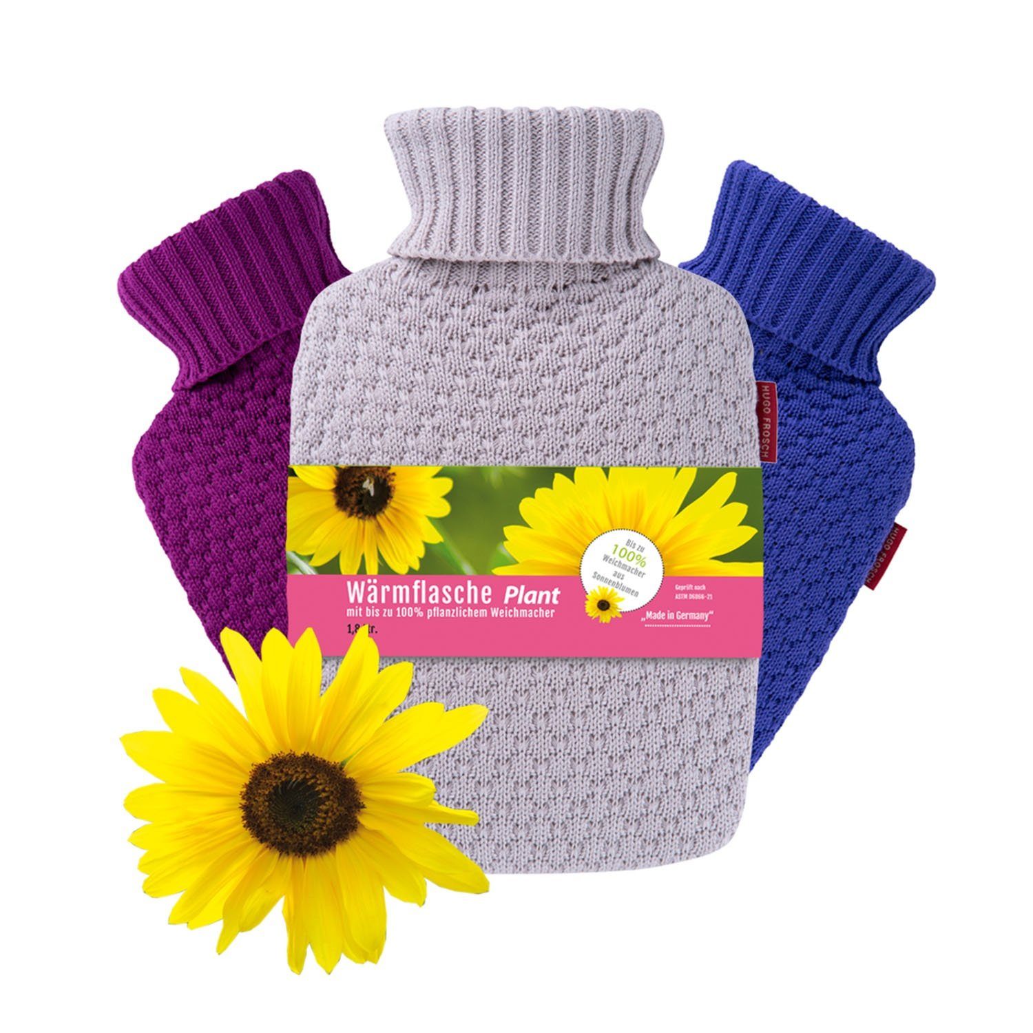 Hugo Frosch Wärmflasche Klassik Plant 1,8 l Made in Germany mit Bio-Strickbezug, Made in Germany, langlebig, auslaufsicher, waschbarer Bezug