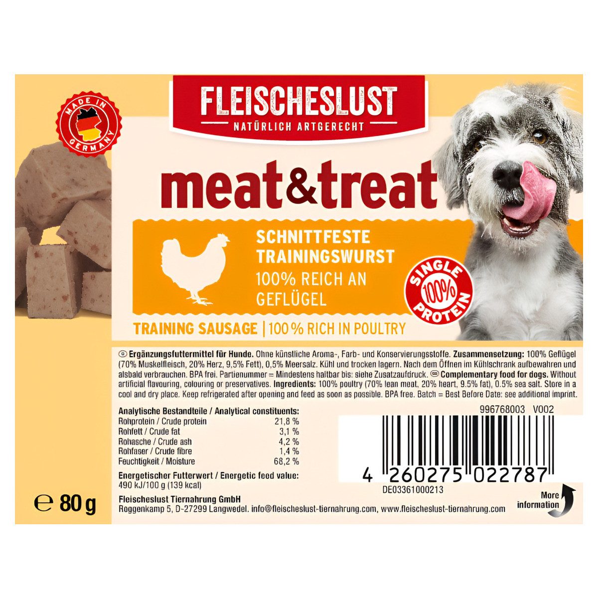 Fleischeslust meat & treat Geflügel 80 g, für: Hund