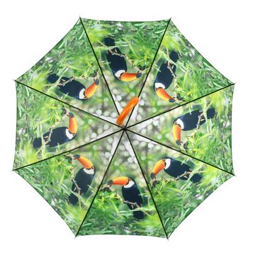 esschert design Stockregenschirm, Regenschirm Tukan, Holz-Optik Griff, Regenwald-Design
