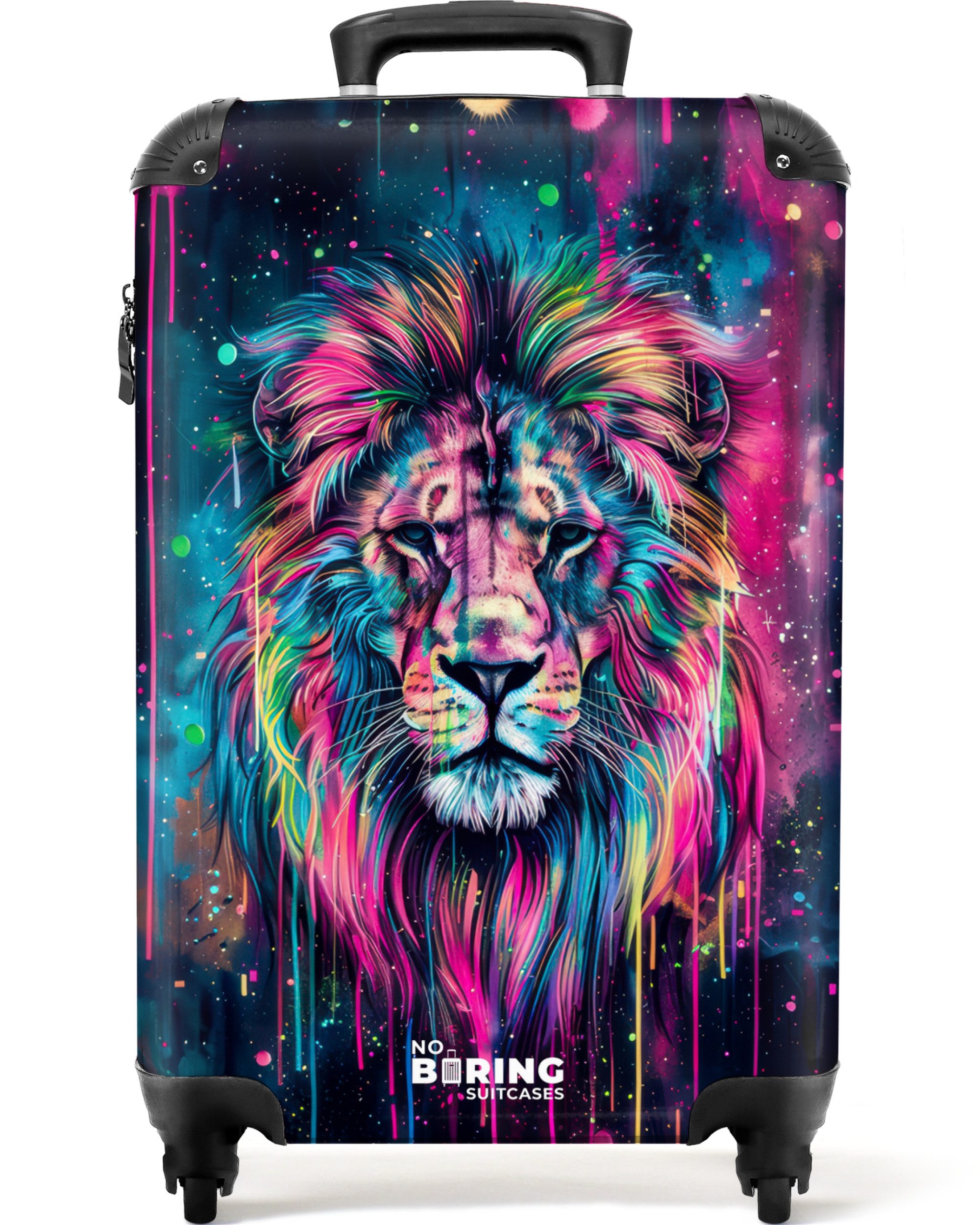 NoBoringSuitcases.com© Kinderkoffer Löwe - Neon - Graffiti 55x35x20cm, 4 Rollen, Reisetasche mit Rollen, Koffer Handgepäck Flugzeug