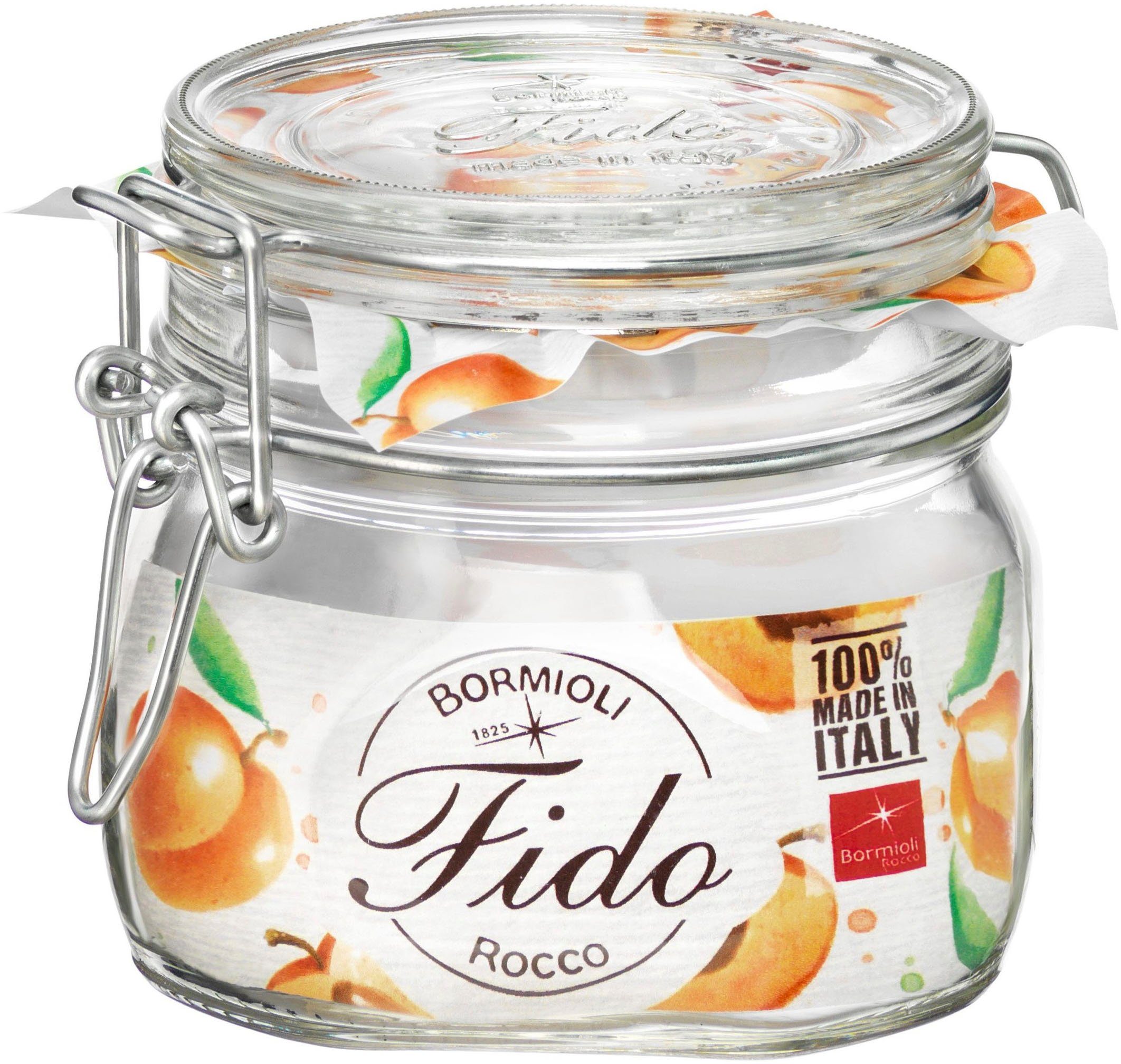 Bormioli Rocco Vorratsglas Fido, Glas, (Set, 6-tlg., 6 Stück, 0,5l Fassungsvermögen), luftdicht verschließbar, mit Bügelverschluß