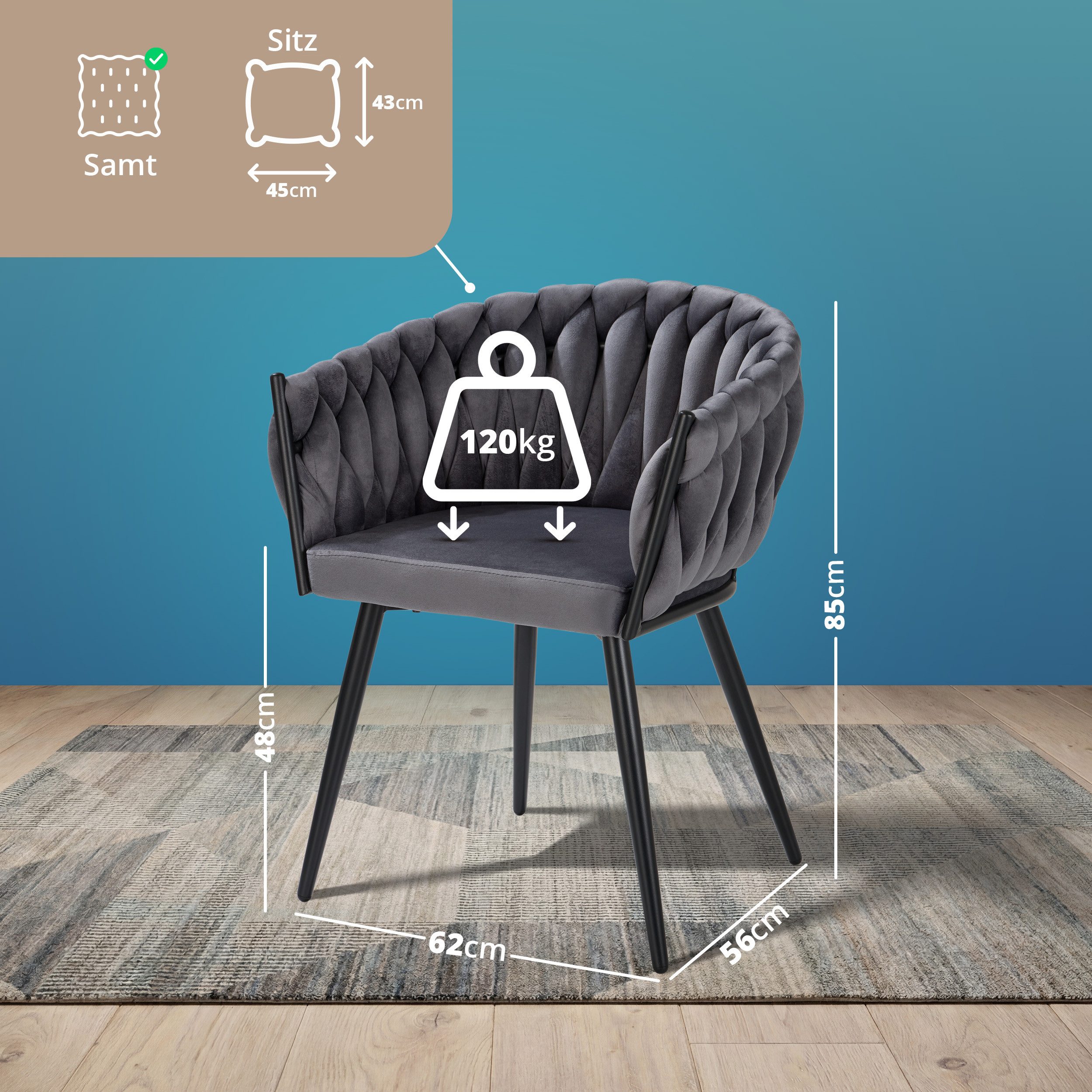 KHG Esszimmerstuhl Küchenstuhl im Industrial-Look Samt Dunkelgrau mit edlem Zopfmuster (Indoor-Polsterstuhl), Metallgestell Schwarz pulverbeschichtet bis 120 kg – Bild 2 von 5