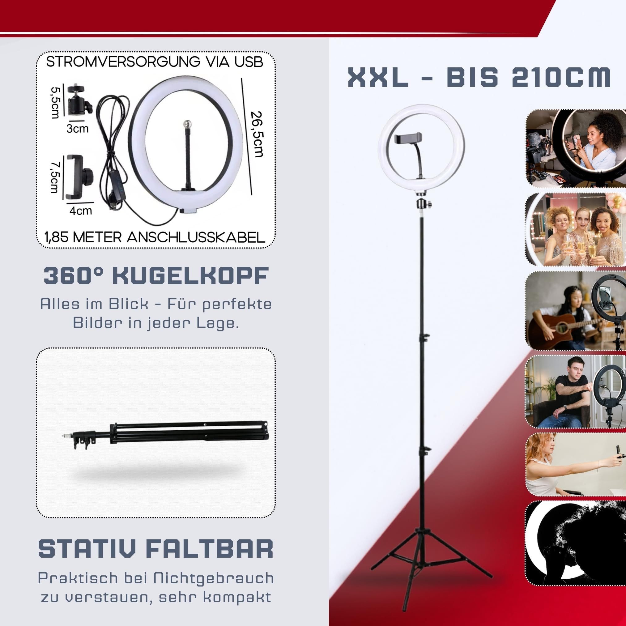 TronicXL Ringlicht Ringlicht mit Stativ Handy Smartphone Halterung Selfie 2m groß hoch, Live-Streaming Fotografie Live Streamer – Bild 5 von 5