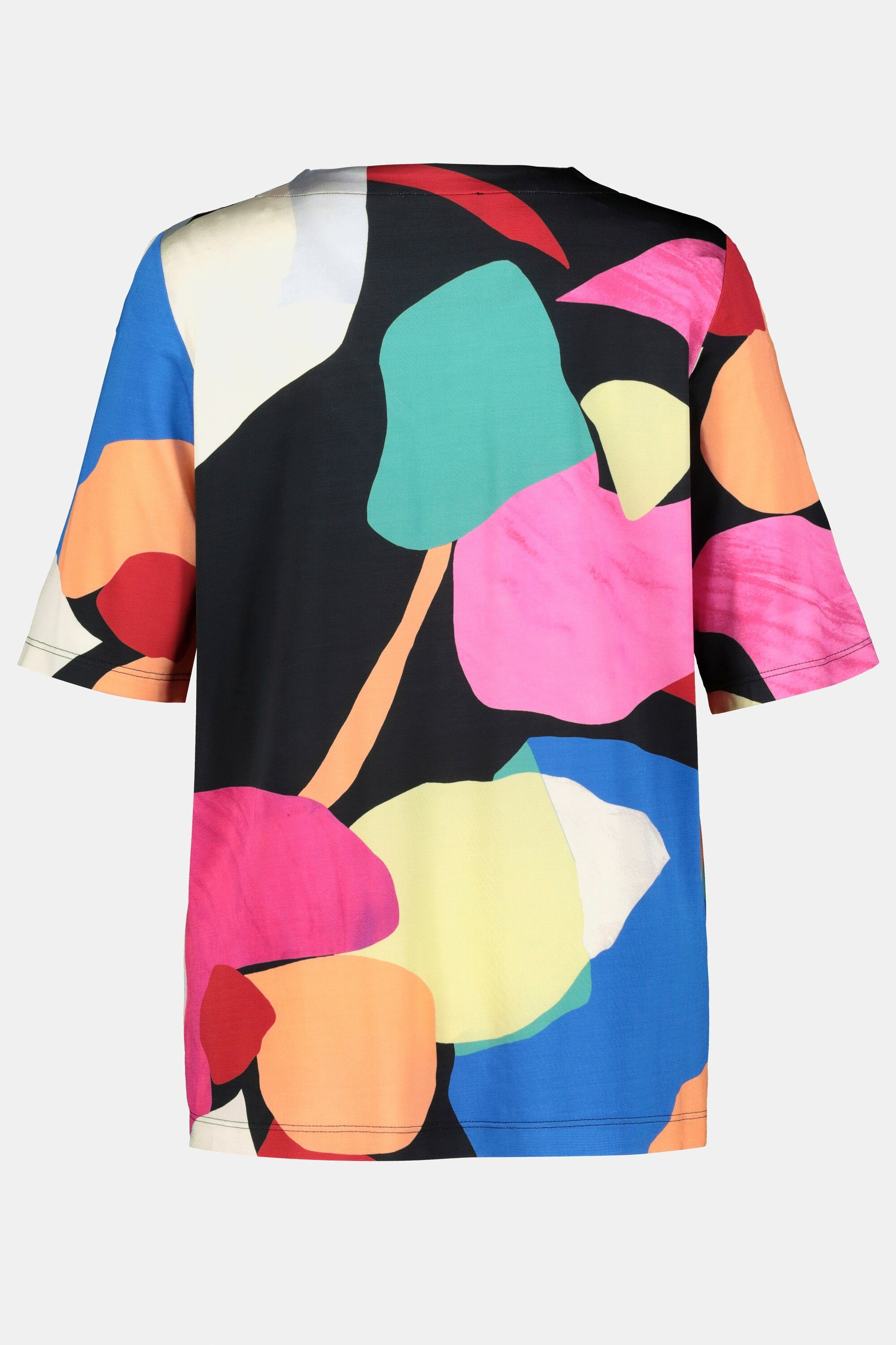 Damen Shirts Ulla Popken Rundhalsshirt Slinkyshirt V-Ausschnitt Halbarm Modern Art Design