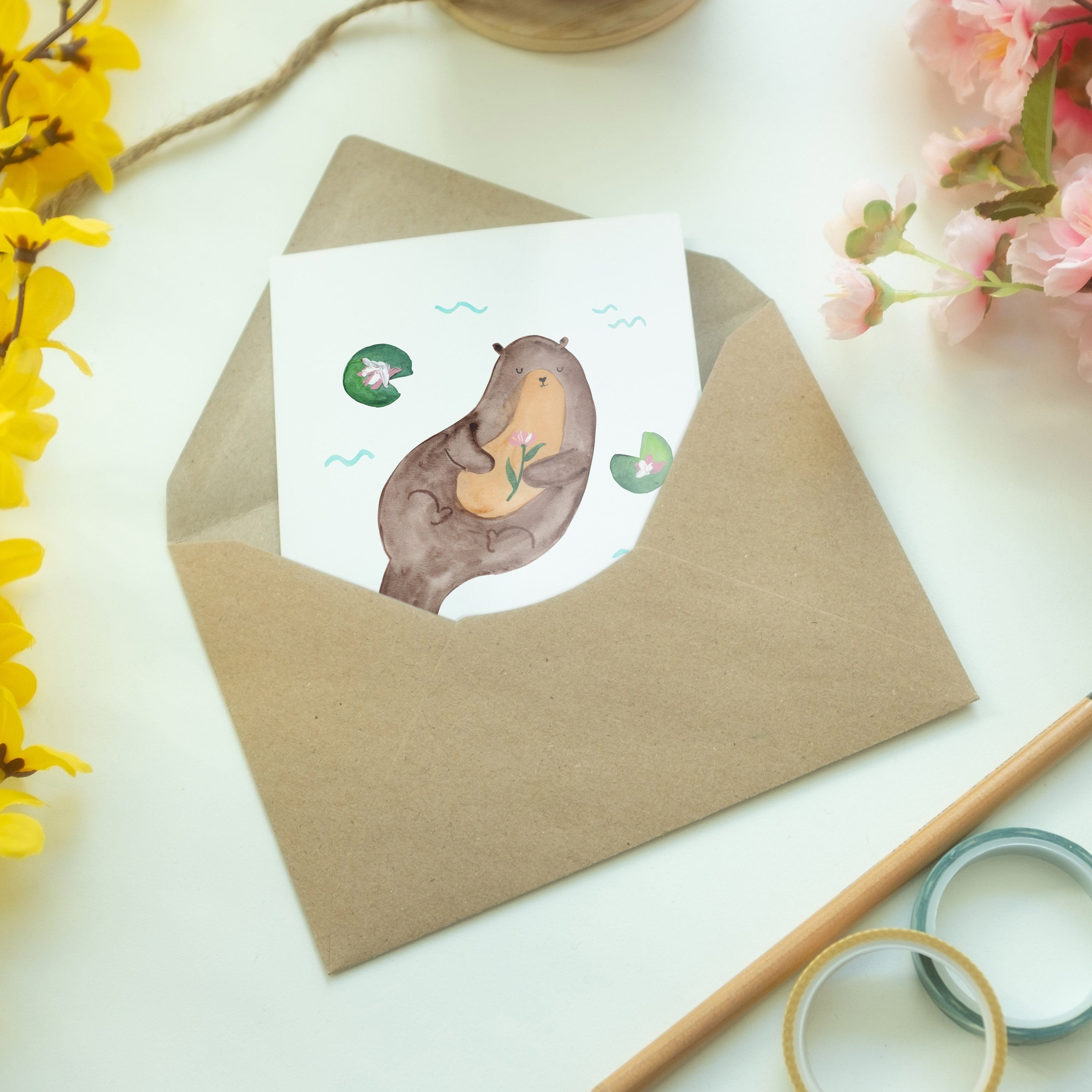 Otter Glückwunsc Seerose Panda Klappkarte, Mrs. - Geschenk, Seeotter, & Weiß Grußkarte mit Mr. -