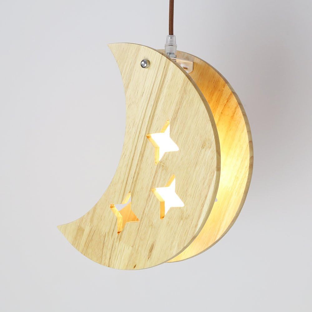JDONG Pendelleuchte aus Holz Stern/Mond design für E14 Leuchtmittel, für Kinder Zimmer,Wohnzimmer, Schlafzimmer, Küche und Esszimmer