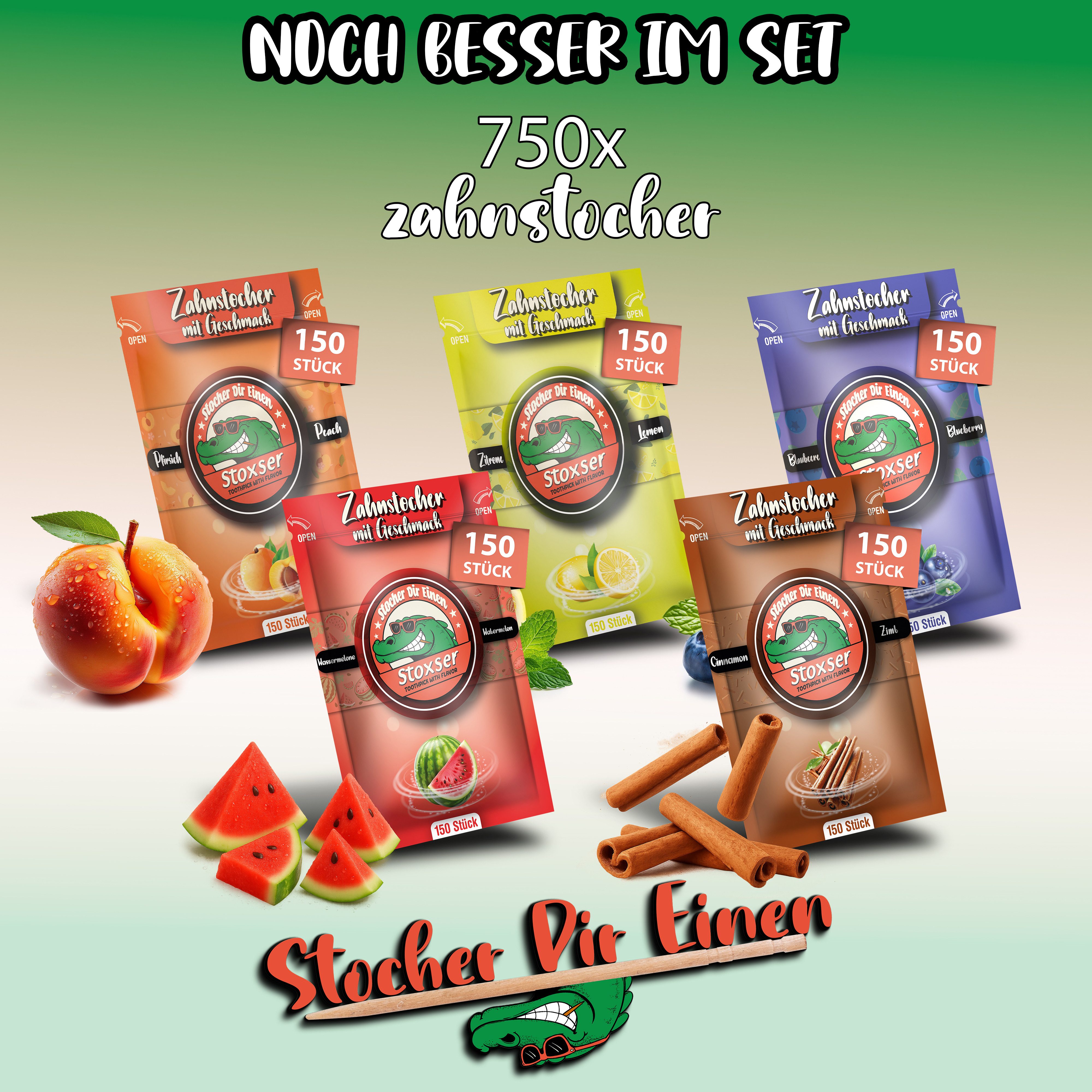Stoxser Mundpflegecenter Stoxser 750x Zahnstocher mit Geschmack 5er Pack, Kein Kaugummi Unterstützend zu Zahnpasta Zahnseide Zuckerfrei