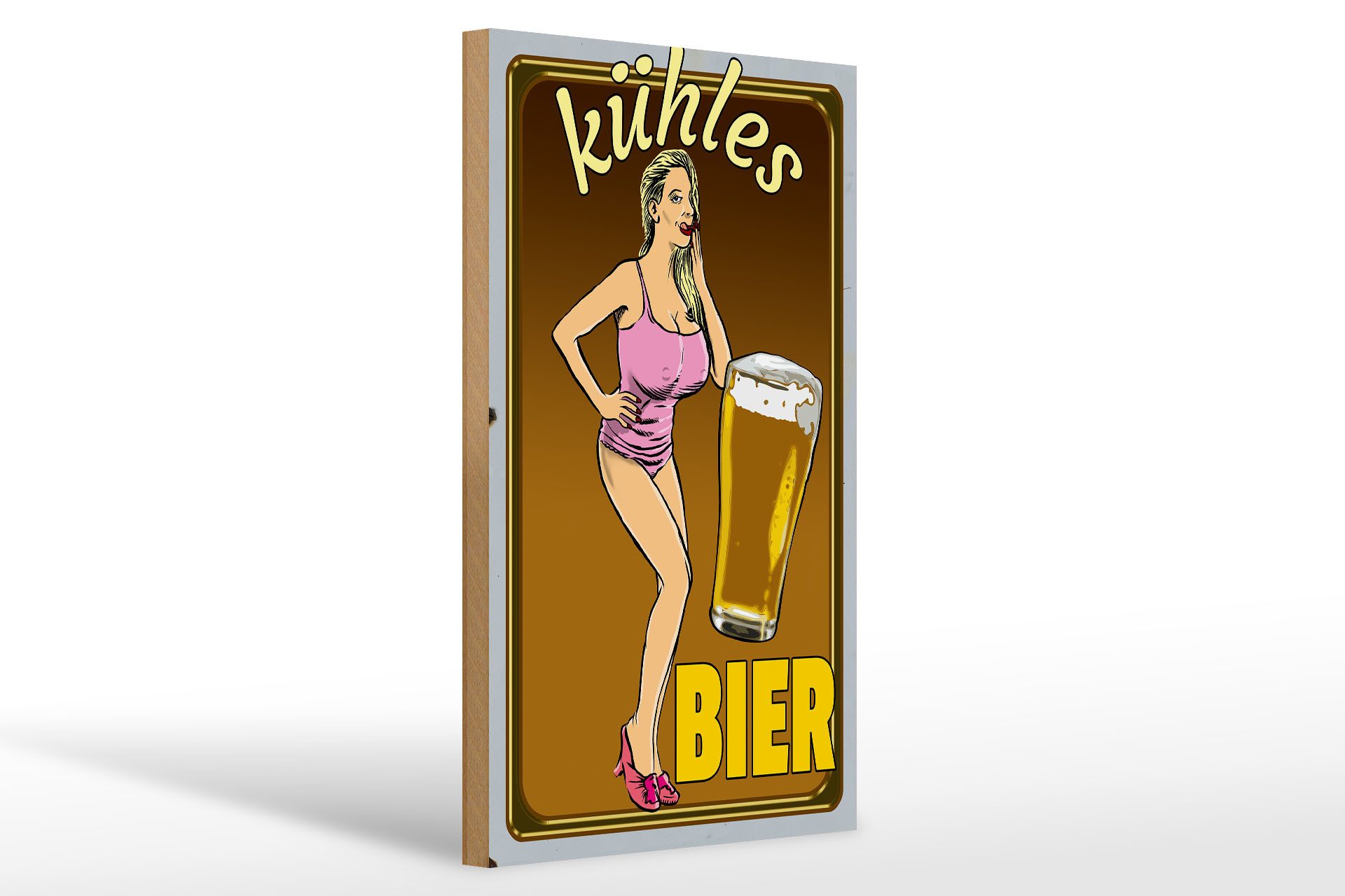 Holzbild Pinup 20x30cm kühles Bier