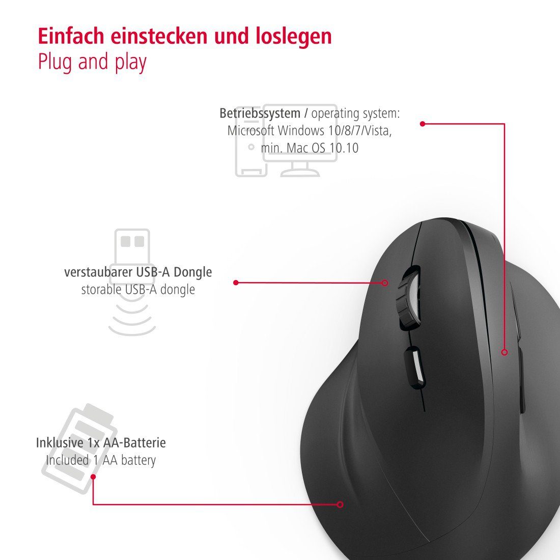 Hama Computermaus kabellos für Linkshänder, ergonomisch, vertikal, schwarz ergonomische Maus (Funk, Funkmaus, DPI Schalter, Browser Tasten, USB Empfänger) – Bild 5 von 5