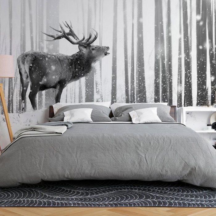 KUNSTLOFT Vliestapete Deer in the Snow (Black and White) lichtbeständige Design Tapete
